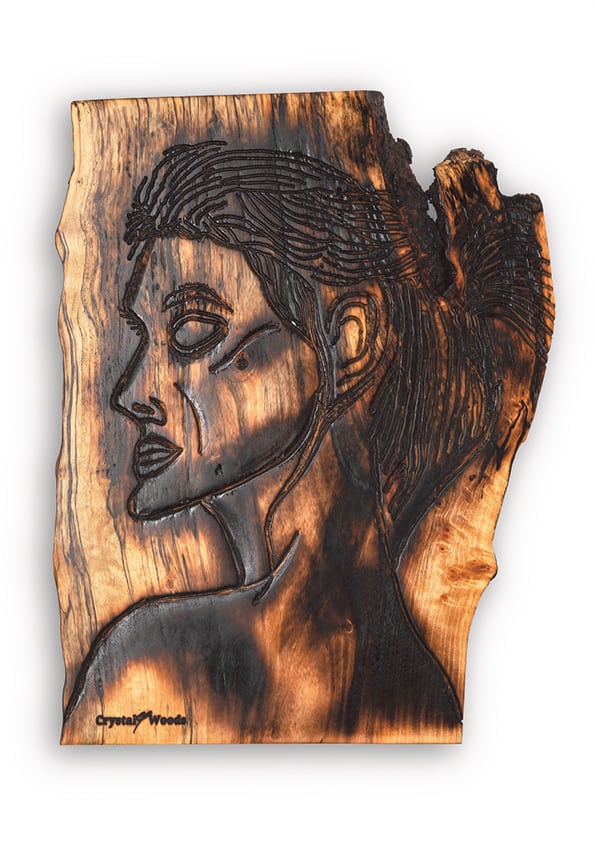 Wood Wall Art - Alignment and Composure of a Goddess - Hanging Picture 2 Close up view of this Wood wall art piece titled, Alignment and Composure of a Goddess carved and burnt onto a piece of locally sourced Spalted Birch, created by Crystal Woods