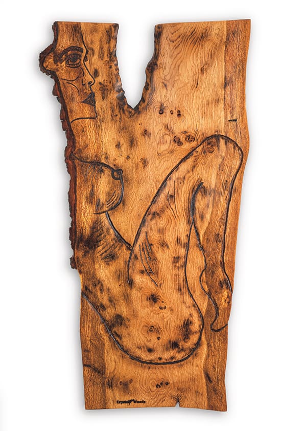 Wood Wall Art - Mania's Connectedness - Hanging Picture 2 Close up view of this Wooden wall piece titled, Mania's Connectedness shown on a white background, created by Crystal Woods