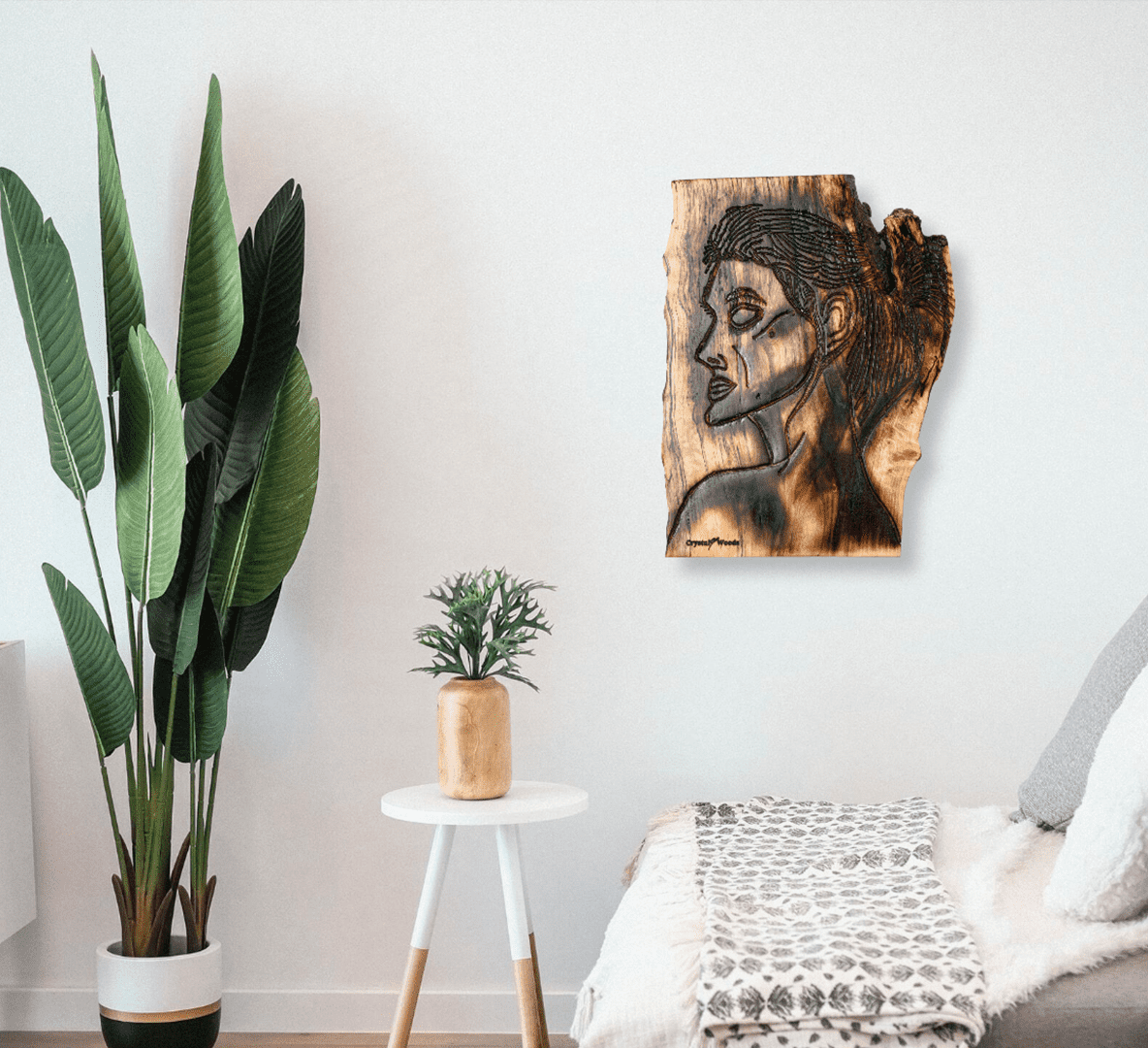 Wood Wall Art - Alignment and Composure of a Goddess - Hanging Picture 3 Wood wall art of the piece titled, Alignment and Composure of a Goddess carved and burnt onto a piece of locally sourced Spalted Birch, created by Crystal Woods