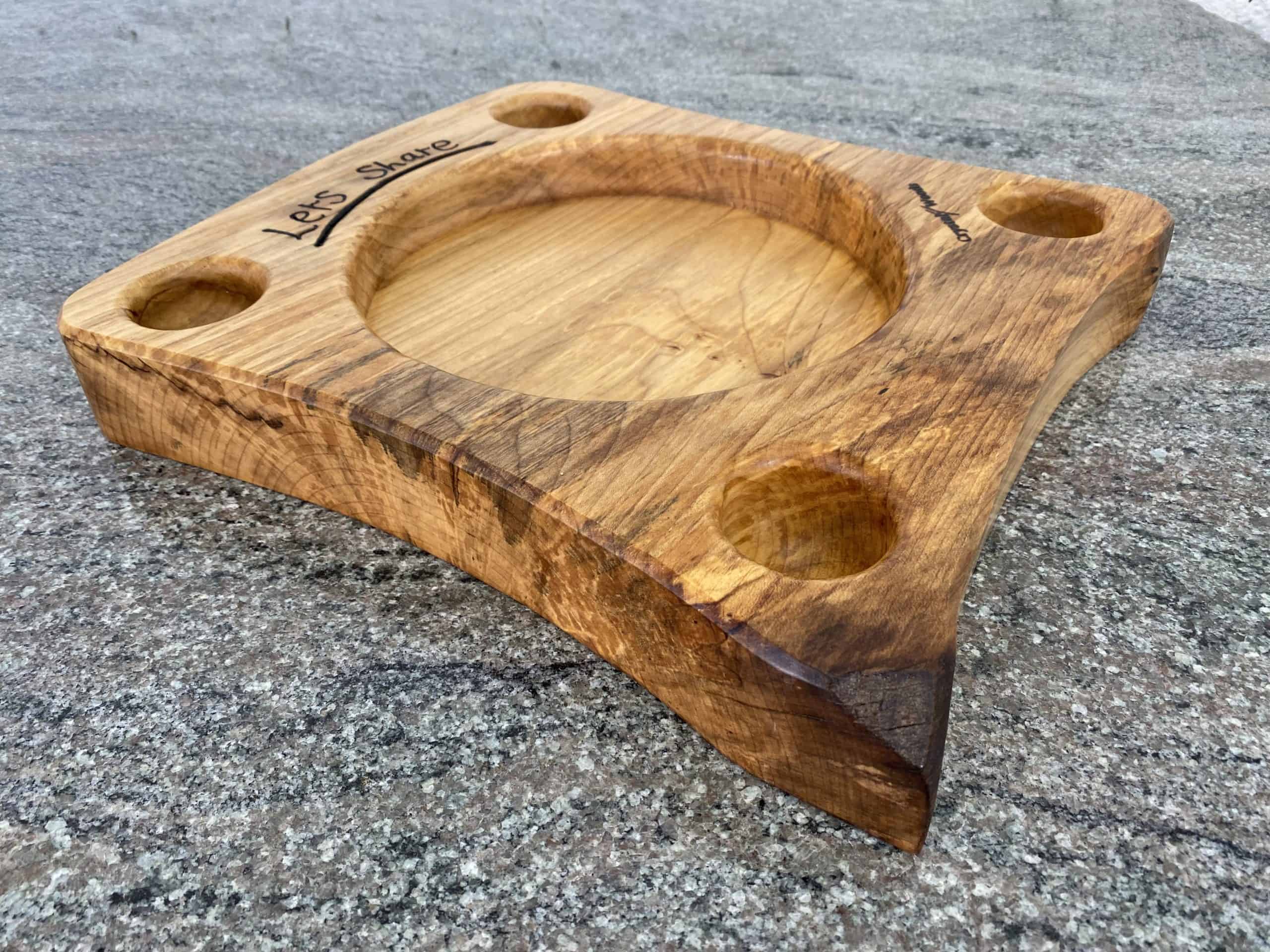 Sycamore Sharing Platter 3 Angle view of this Handmade wooden Sycamore food sharing platter