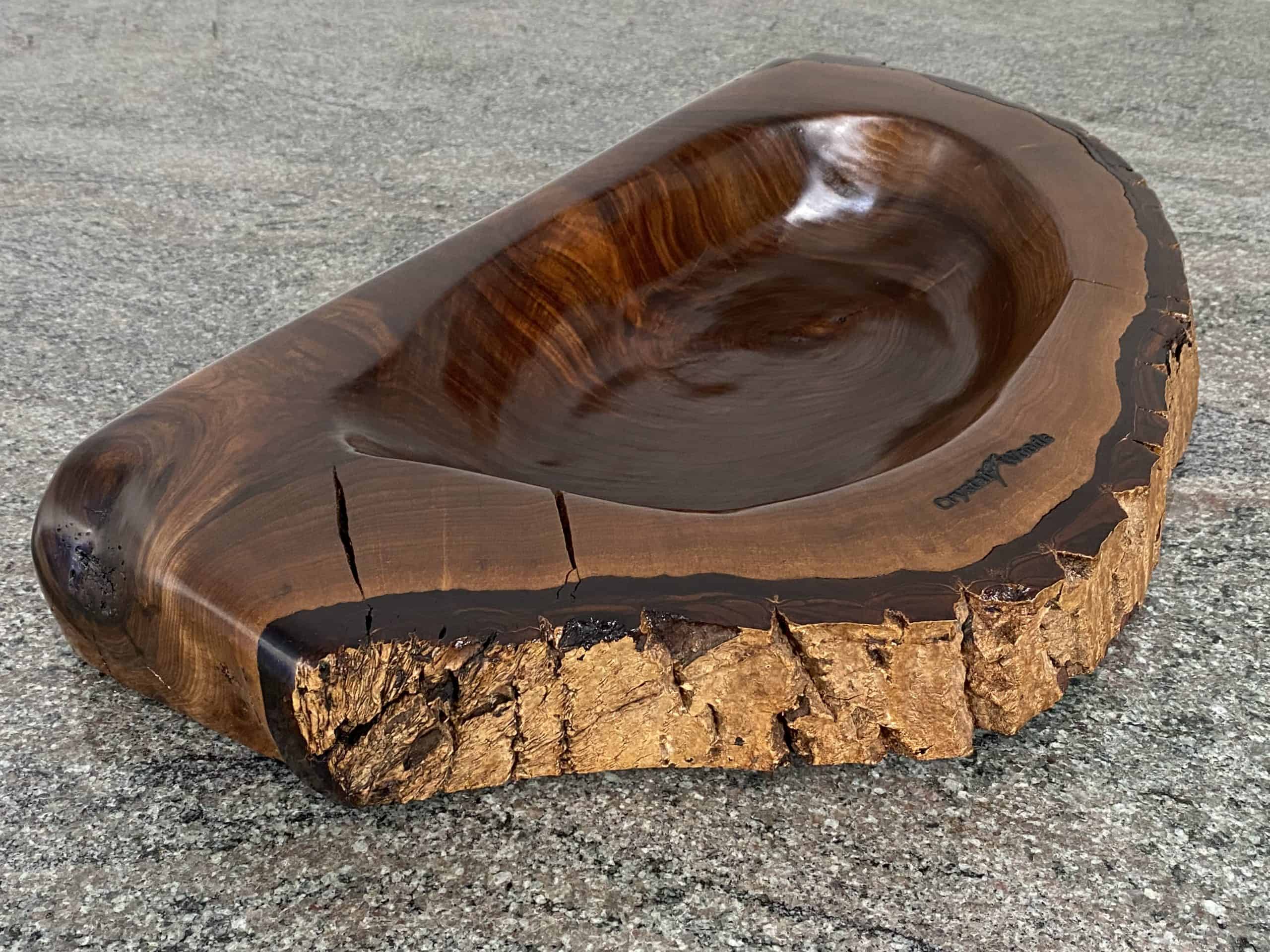 English Walnut Sculptured Reservoir Bowl 4 Handmade English Walnut Sculptured Reservoir Bowl with live edge detail, created by Crystal Woods, finished in danish oil, branded with their logo stamp