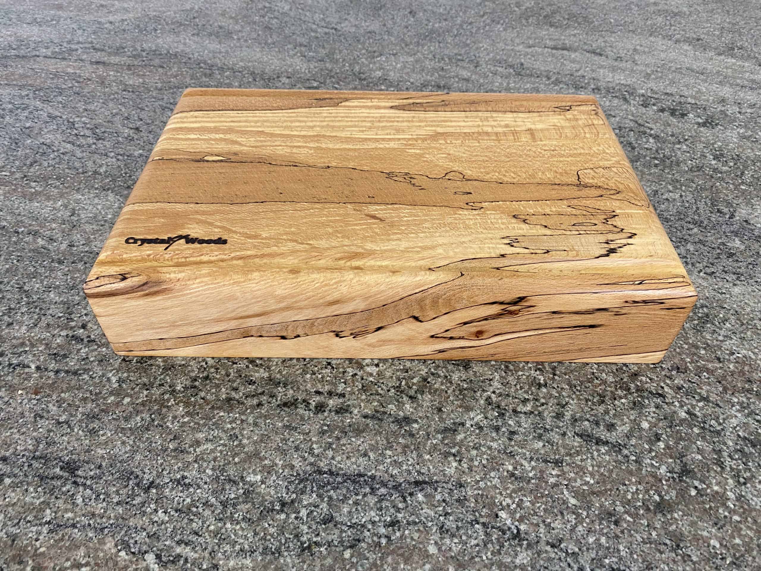 Straight Flute Spalted Beech Chopping Board - Extra Thick 5 Side view of this Extra Thick chopping board made from locally sourced English Spalted Beech, with two straight flute crumb grooves, created by Crystal Woods, finished in food safe oil, branded with their logo stamp