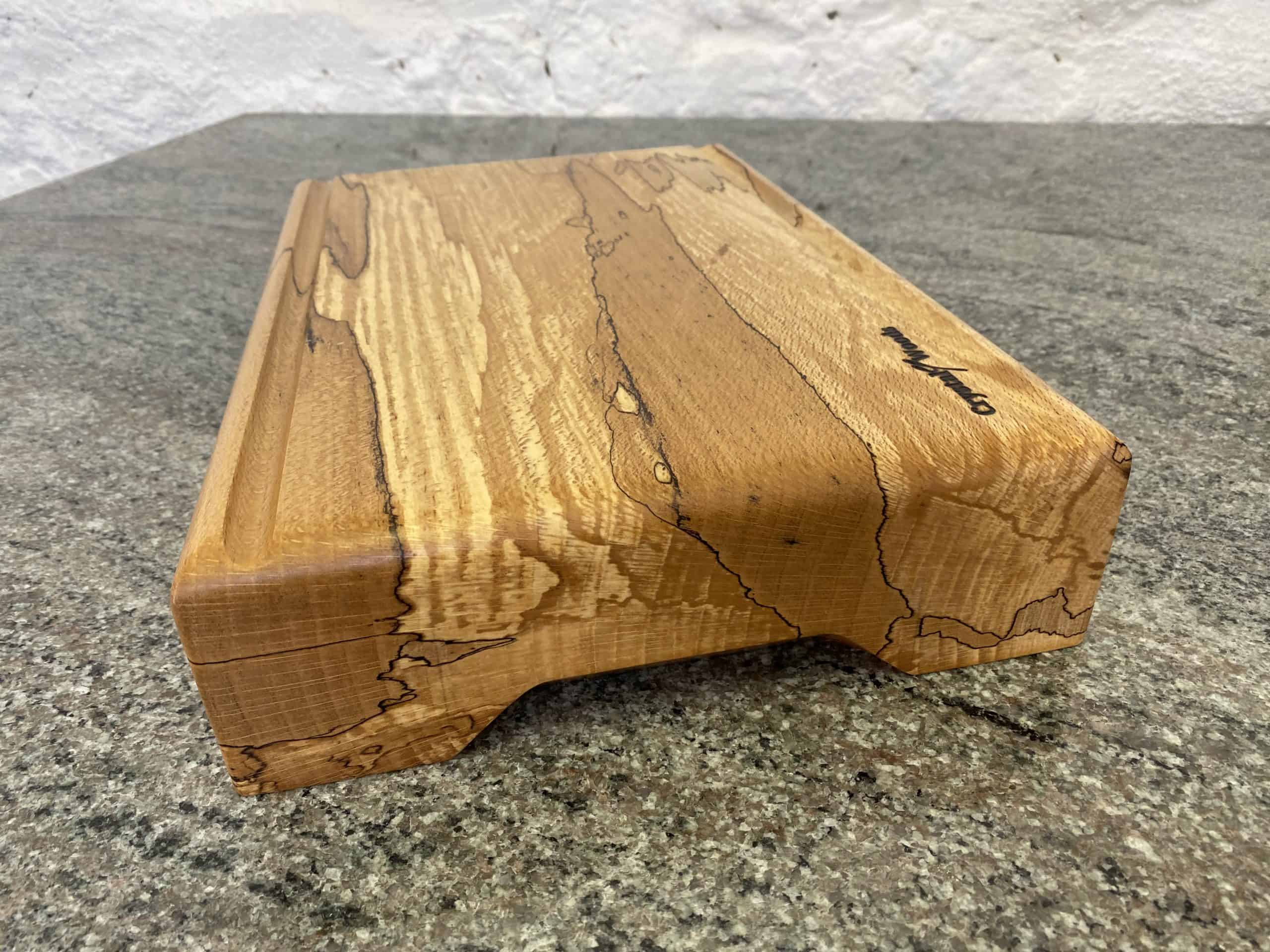 Straight Flute Spalted Beech Chopping Board - Extra Thick 2 Extra Thick chopping board made from locally sourced English Spalted Beech, with two straight flute crumb grooves, created by Crystal Woods, finished in food safe oil, branded with their logo stamp