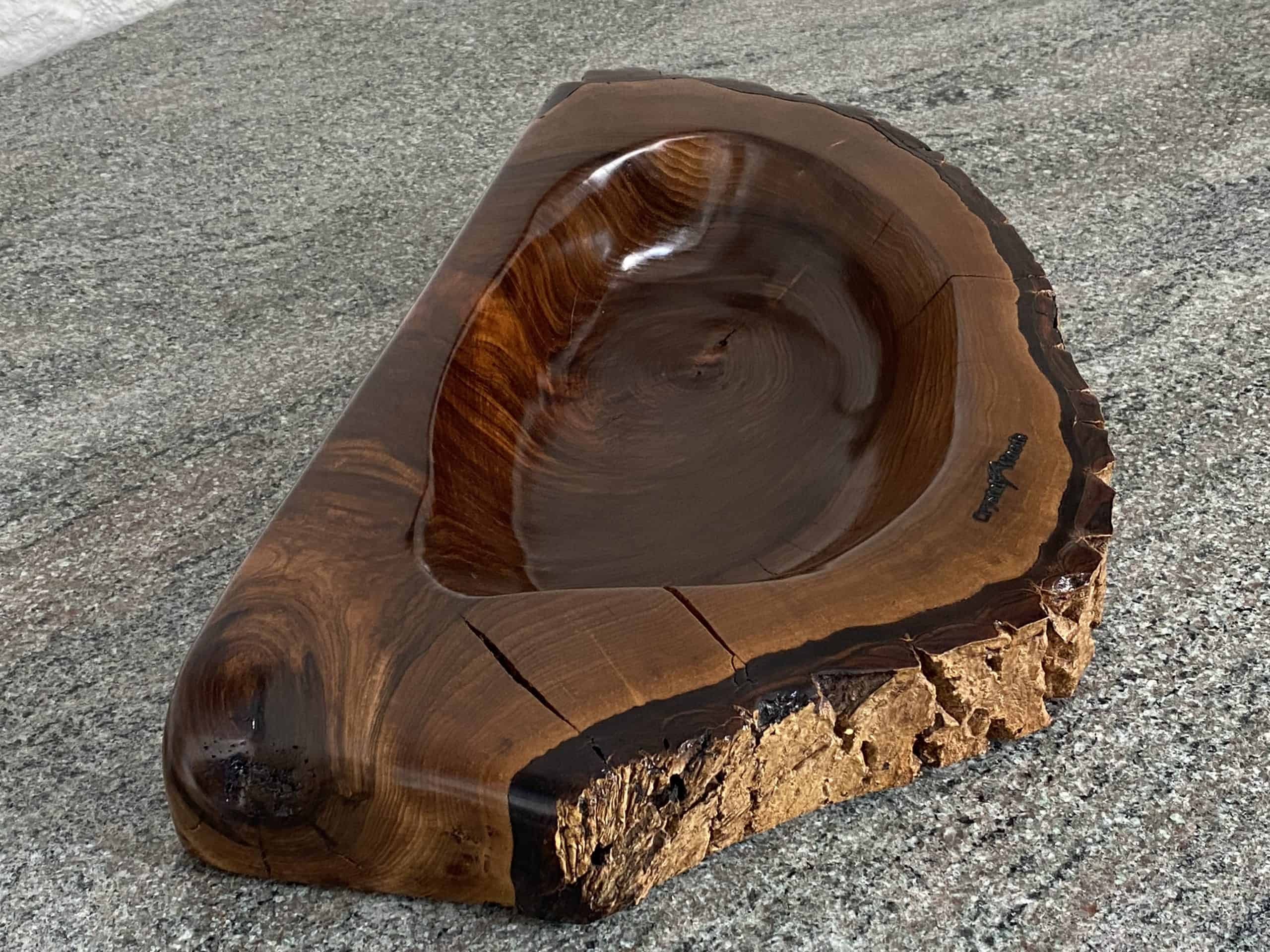 English Walnut Sculptured Reservoir Bowl 6 Handmade English Walnut Sculptured Reservoir Bowl with live edge detail, created by Crystal Woods, finished in danish oil, branded with their logo stamp