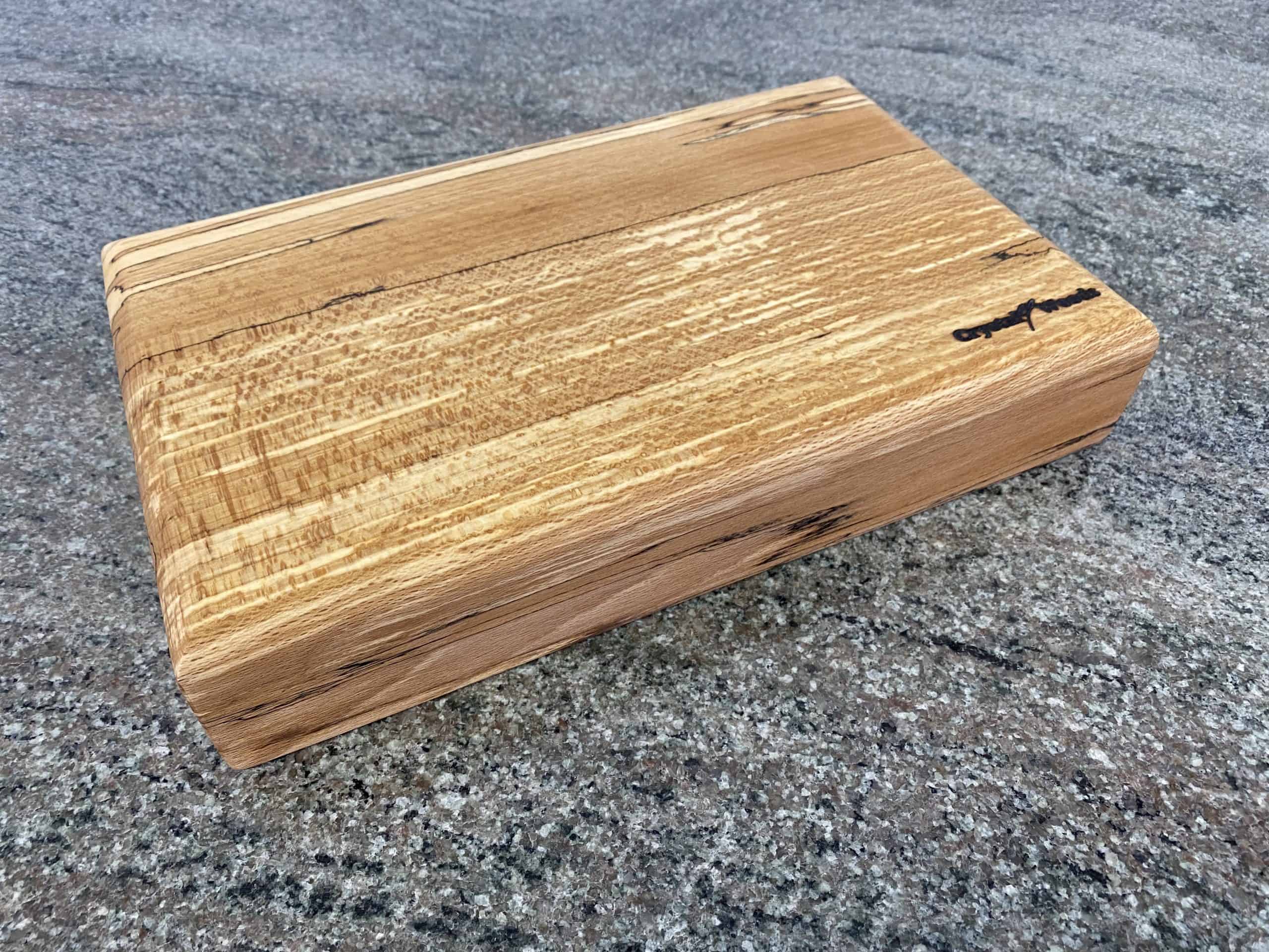Round Top Spalted Beech Chopping Board 6 Side view of this Large Round Top English Spalted Beech Chopping Board, handcrafted by Crystal Woods, finished in food safe oil, locally sourced wood in Devon
