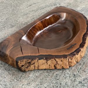 English Walnut Sculptured Reservoir Bowl with live edge detail, created by Crystal Woods, finished in danish oil, branded with their logo stamp