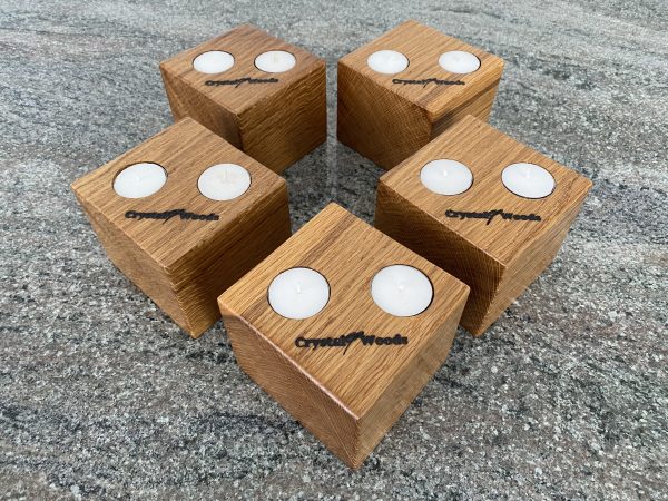 Handmade Set of 5 Oak Cubed Block Tea-Light Candle Holders, with two tea lights in each, finished in oil, created by Crystal Woods, branded with their logo stamp