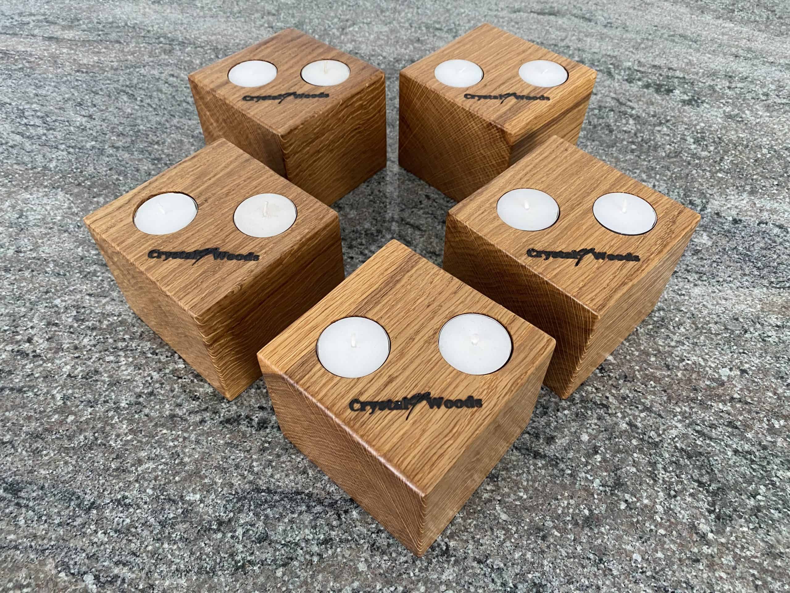 Set of 5 Oak Cubed Block Tea-Light Candle Holders 3 Handmade Set of 5 Oak Cubed Block Tea-Light Candle Holders, with two tea lights in each, finished in oil, created by Crystal Woods, branded with their logo stamp