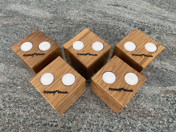 Set of 5 Oak Cubed Block Tea-Light Candle Holders, with two tea lights in each, finished in oil, created by Crystal Woods, branded with their logo stamp