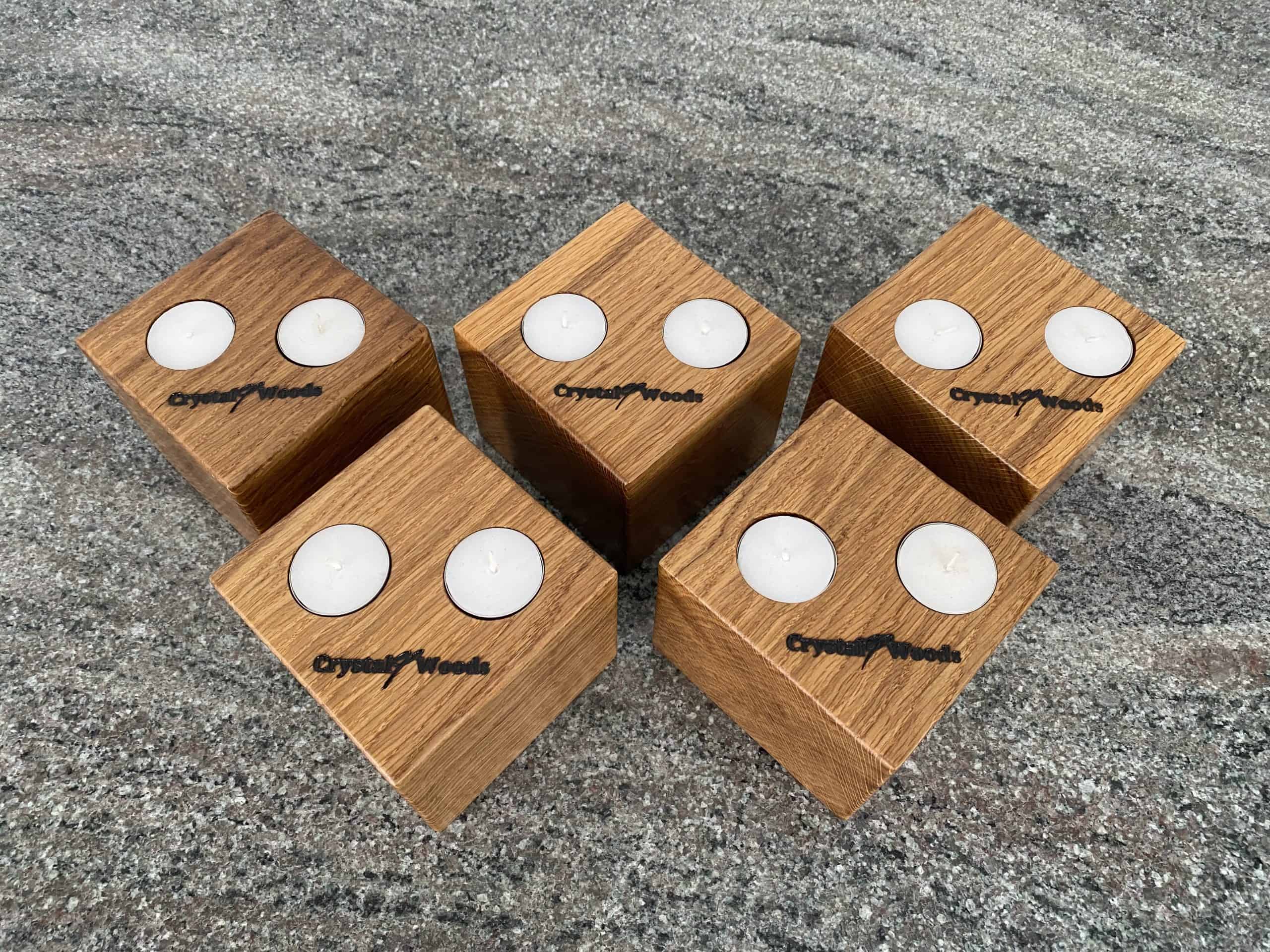 Set of 5 Oak Cubed Block Tea-Light Candle Holders 5 Set of 5 Oak Cubed Block Tea-Light Candle Holders, with two tea lights in each, finished in oil, created by Crystal Woods, branded with their logo stamp