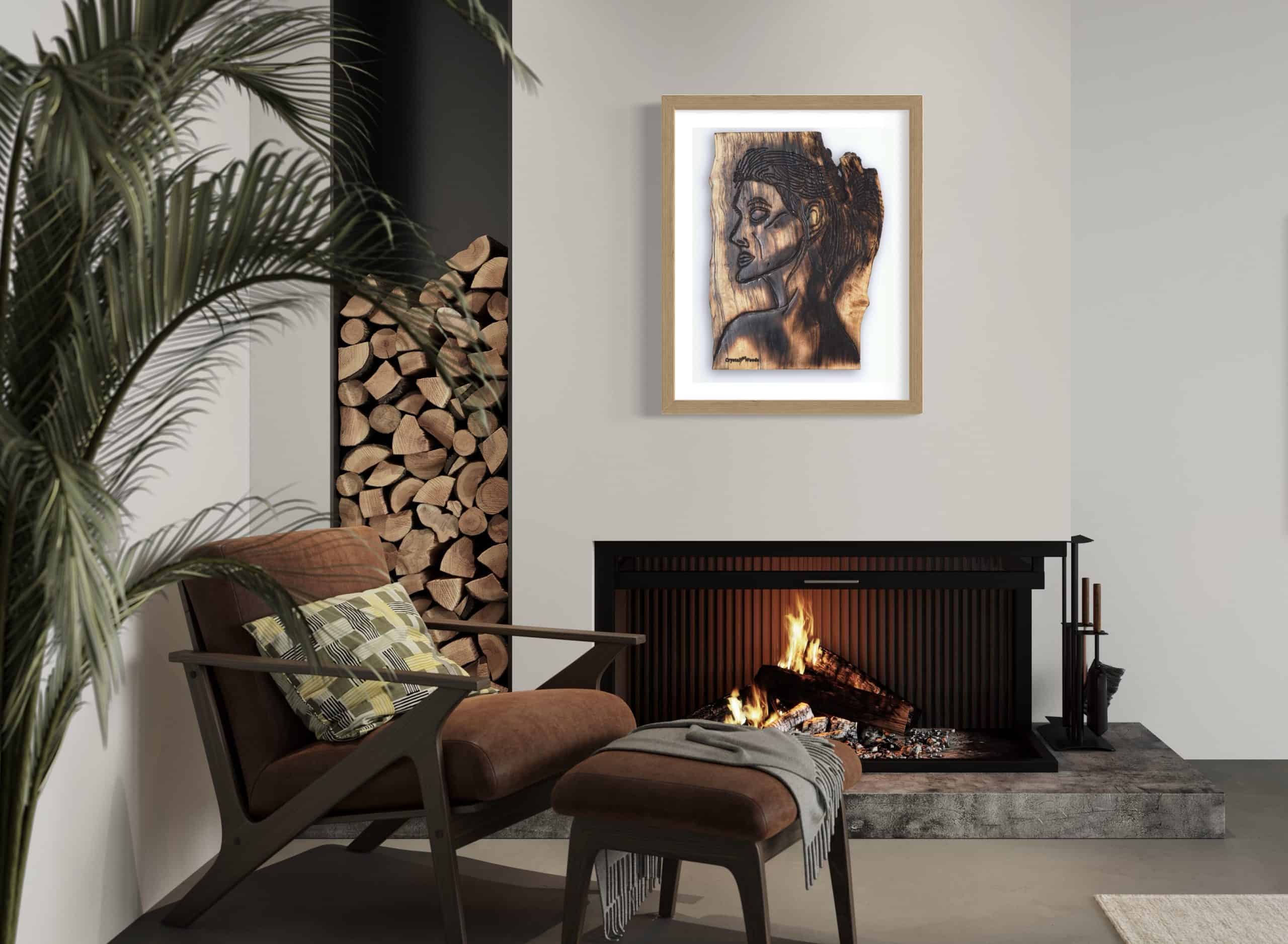 Fine Art Print - Alignment and Composure of a Goddess 6 Fine Art Giclee Print, limited edition of the Original Piece – Alignment and Composure of a Goddess, illustrated in a gold wood coloured frame with white background set on a pale grey wall with a room setting, above a fire place
