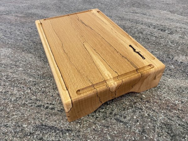 Over view of a Large Chunky Spalted Beech Chopping Board with 4 Crumb Grooves – Extra Thick, from locally sourced wood in Devon, finished in food safe oil, handmade by Crystal Woods, branded with their logo stamp
