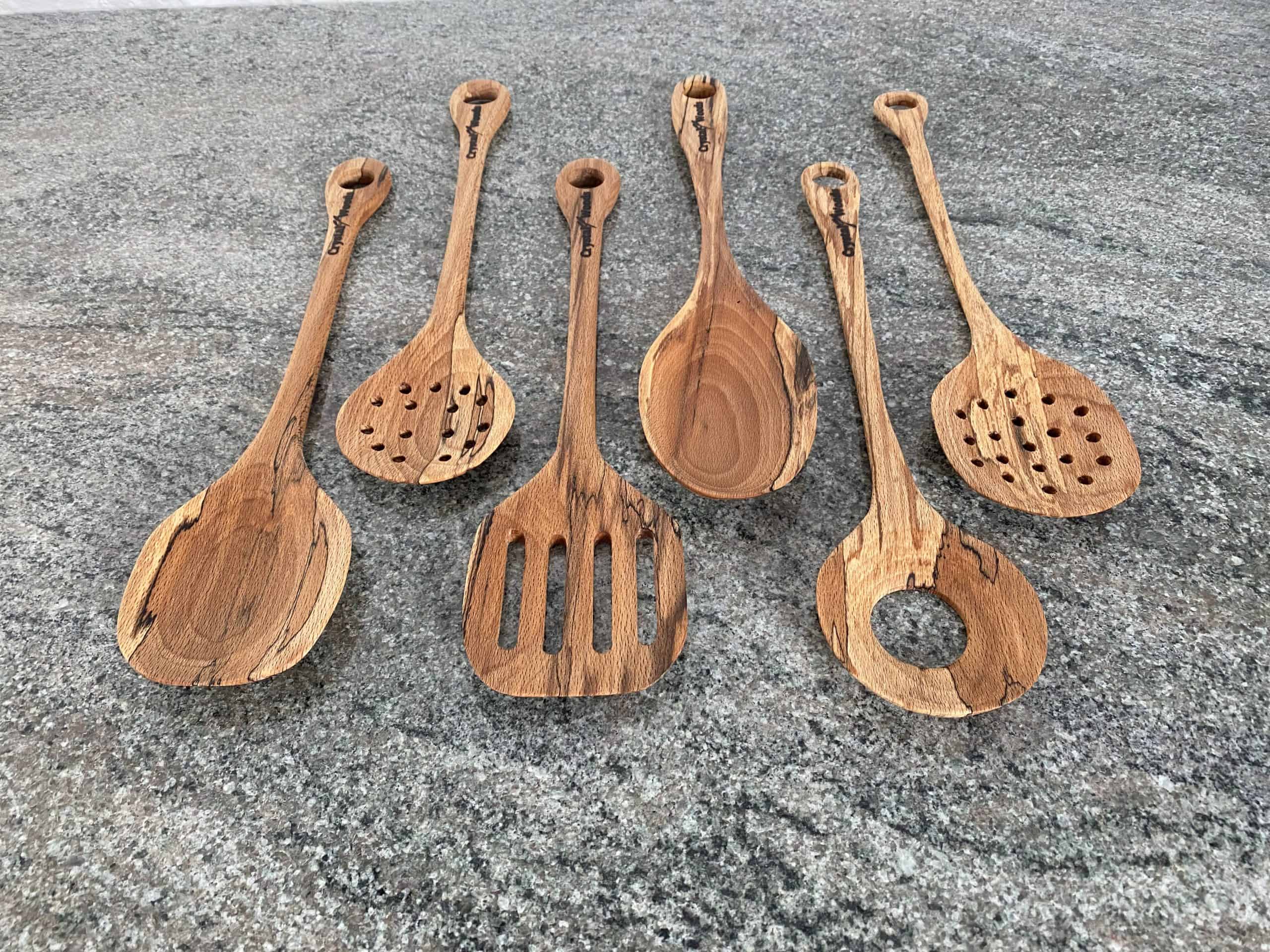 Spalted Beech Serving Spoon Set 3 A Luxury Set of 6 Spalted Beech wooden serving spoons, handcrafted by Crystal Woods from locally sourced wood in Devon, finished in food safe oil, branded with their logo stamp