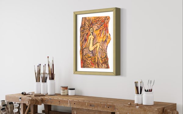 Right angled side view of this Fine Art Giclee print, limited edition, titled Rooted, illustrated in a olive green frame with a white back on a pale white wall in a room setting, the picture shows a naked female connected to the roots of the forest by her hands, feet and hair