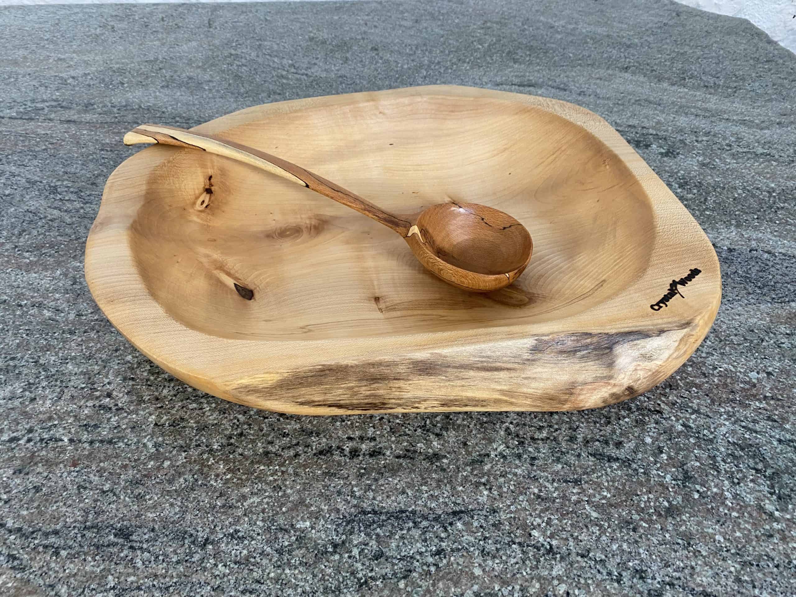 Large Hand Carved Sycamore Salad Bowl 6 A Large Sycamore Hand Made Salad Bowl, showing a handmade ladle from spalted Beech for decoration, locally sourced wood in Devon, produced by Crystal woods, finished in food safe oil