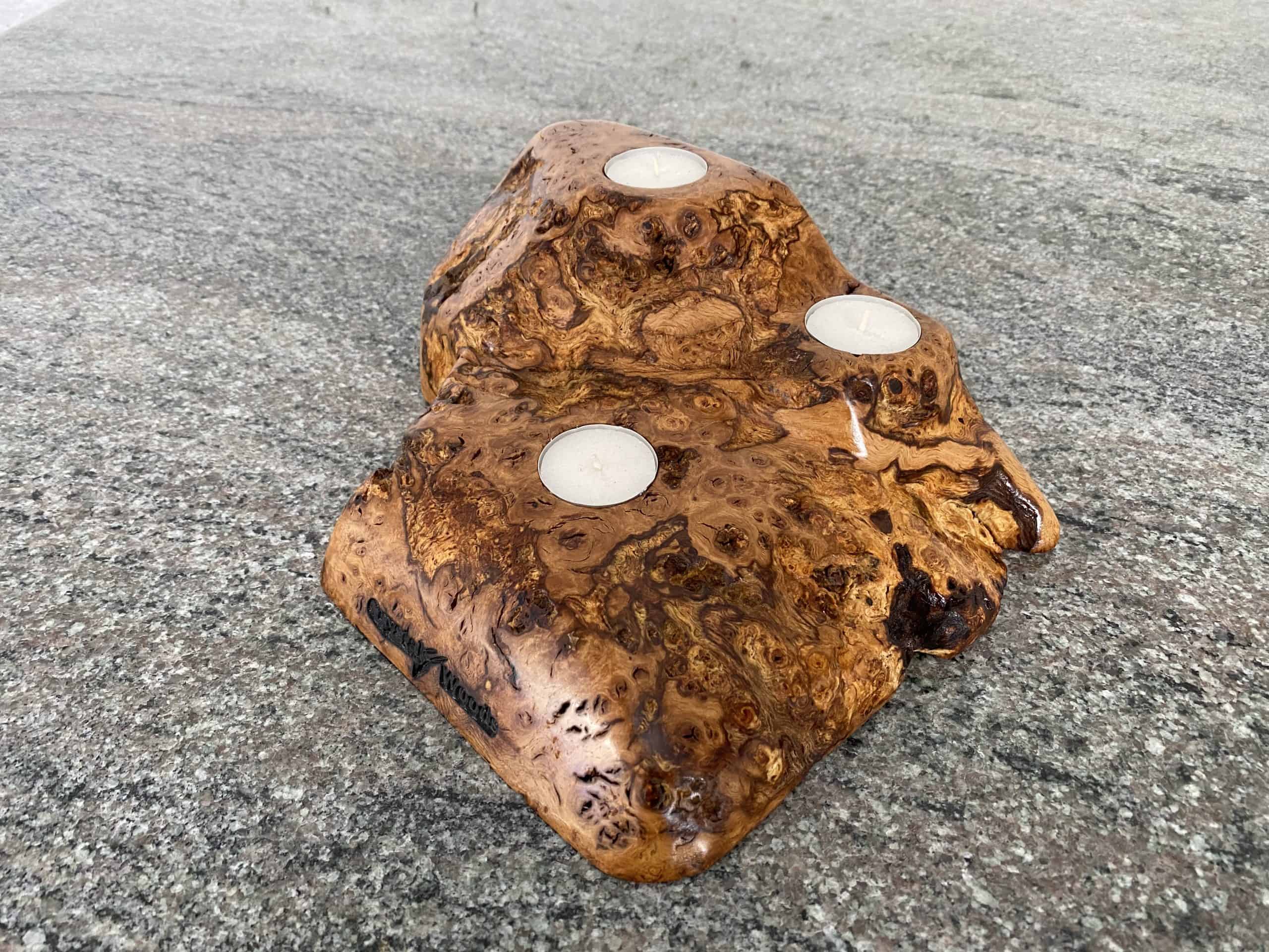 Burr Oak 3 Tea Light and Candle Holder 2 A small piece of old English Burr Oak holding 3 tea lights, finished in Danish oil