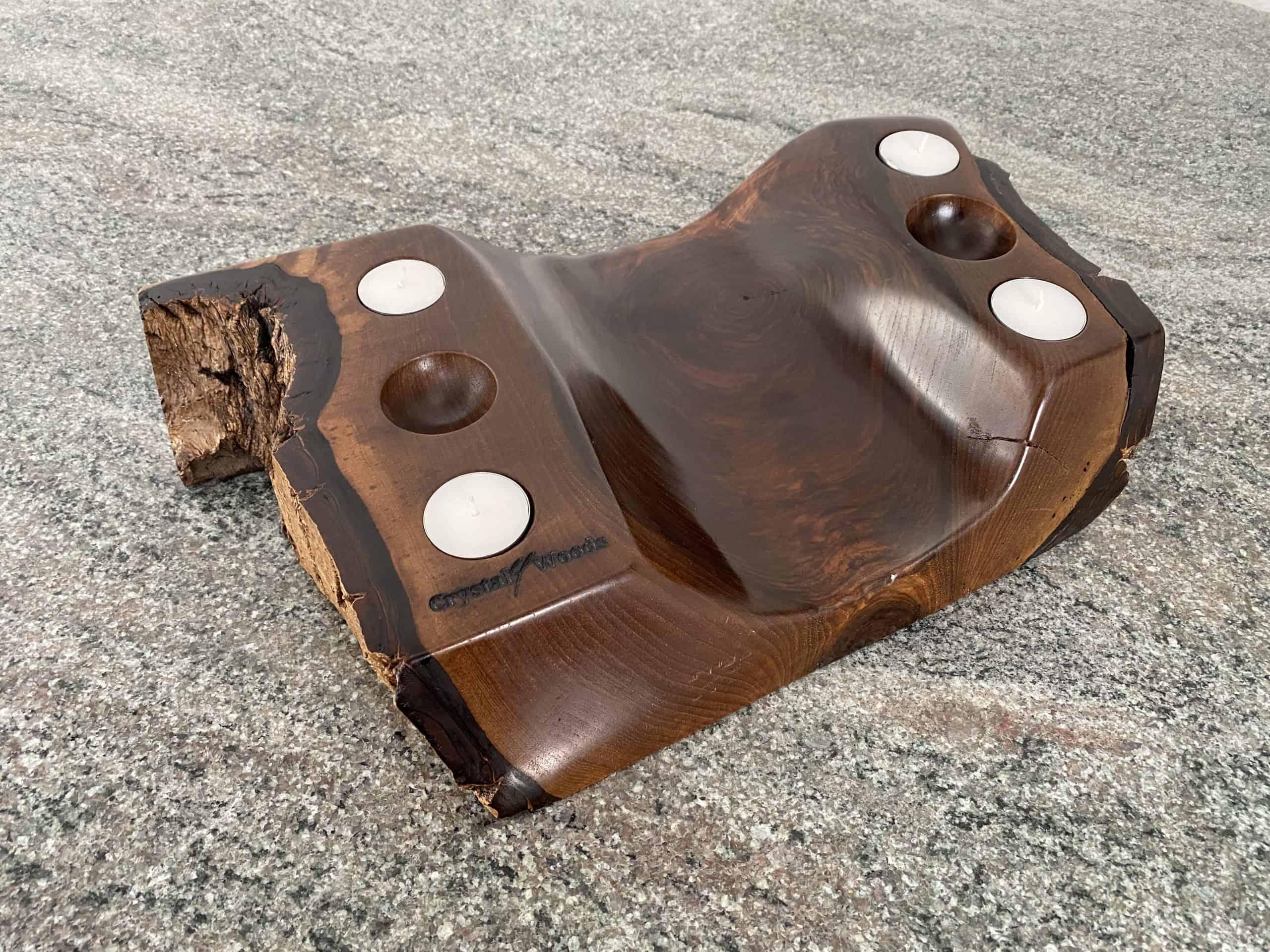Live Edge Walnut Sculpture Piece 3 English Walnut Tea Light Holder with 4 small candles and two spherical holes, handcrafted by Crystal Woods with live edge detail