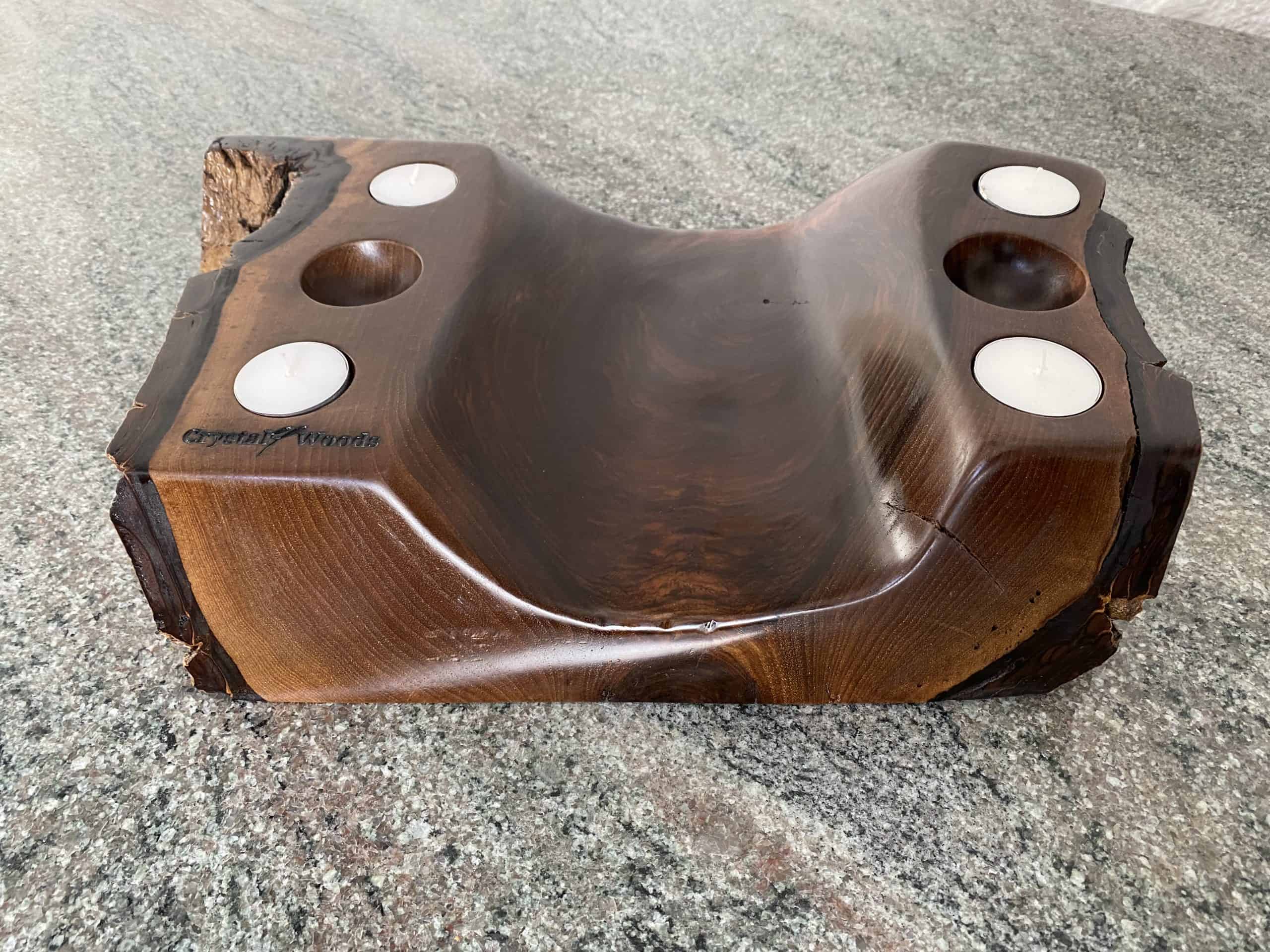 Live Edge Walnut Sculpture Piece 7 Live Edge solid wood Walnut Sculpture Piece with four Tea Lights and two spherical holes, finished to a high sheen in oil