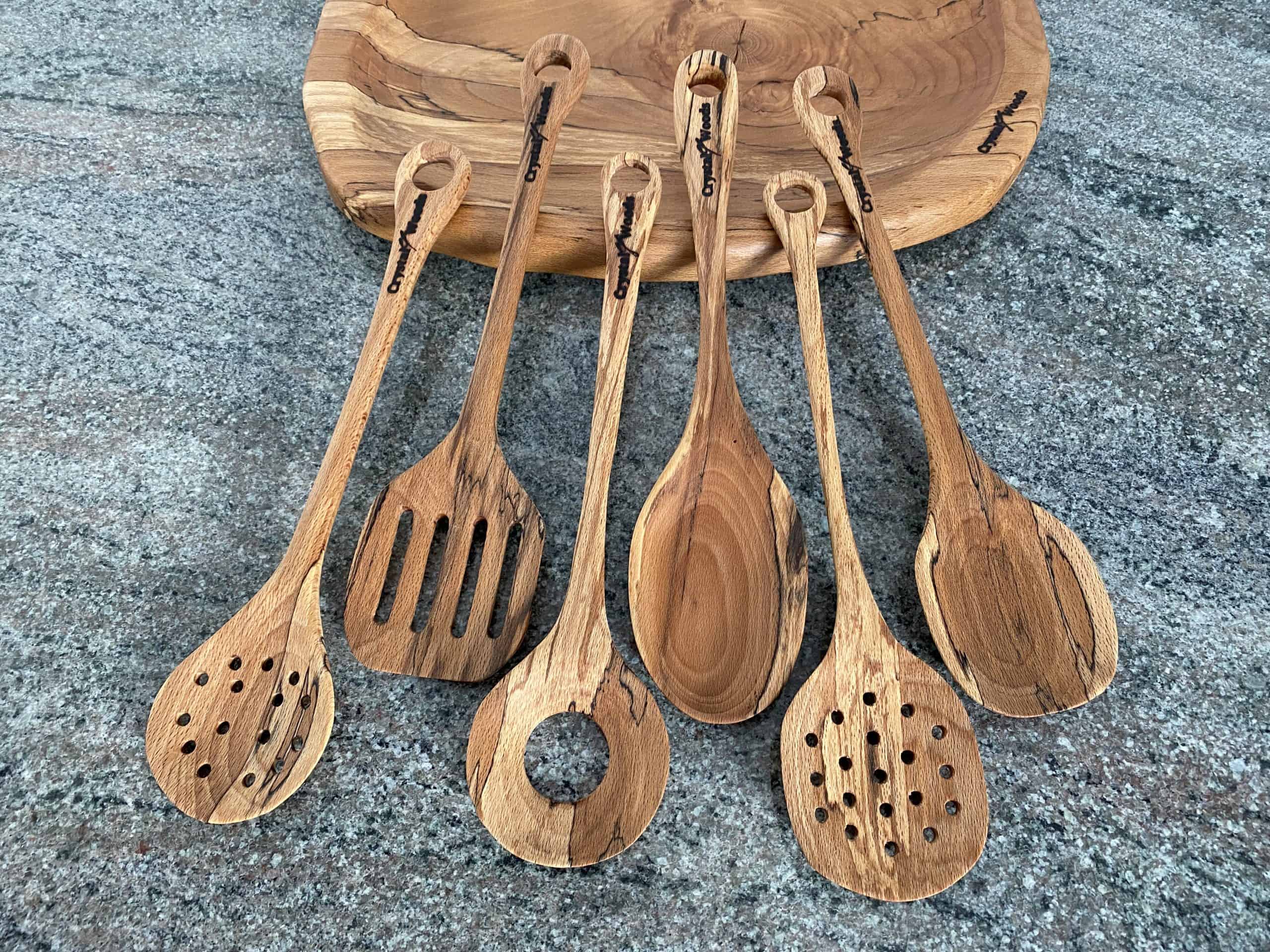 Spalted Beech Serving Spoon Set 2 A Luxury Set of 6 Spalted Beech wooden serving spoons, handcrafted by Crystal Woods from locally sourced wood in Devon, finished in food safe oil