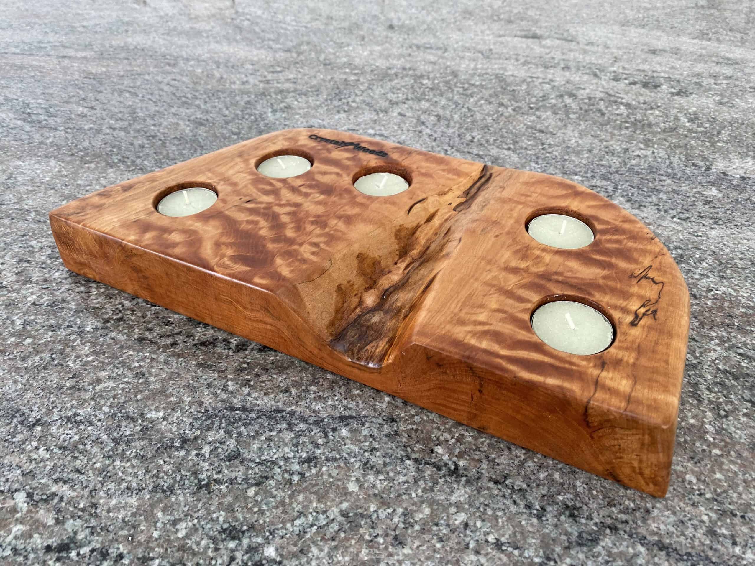 Ripple-Back Maple Tea Light Holder 5 close up view of this Maple wood tea light holder with Ripple-back grain detail, holding 5 tea lights, finished in danish oil, branded with Crystal Woods logo stamp