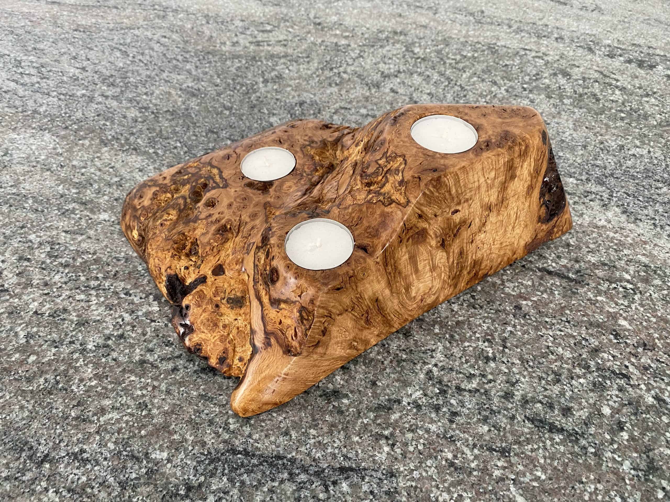 Burr Oak 3 Tea Light and Candle Holder 4 English burr oak tea light holder displaying 3 small candles, made from locally sourced wood in Devon