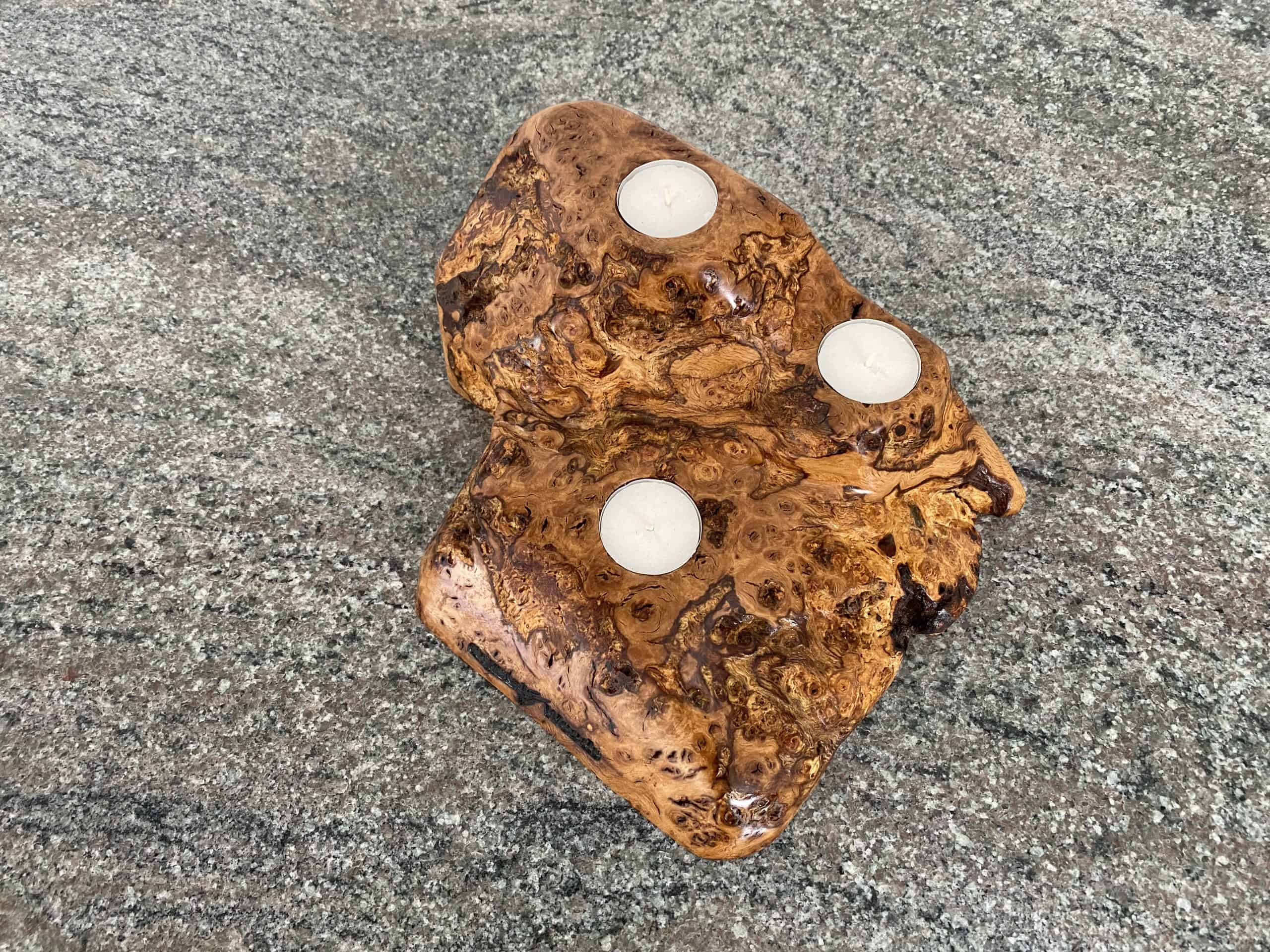 Burr Oak 3 Tea Light and Candle Holder 3 Over view shot of this exquisite small piece of Burr Oak displaying 3 tea lights, finished in oil