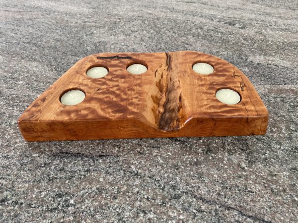 Maple wood tea light holder with Ripple-back grain detail, holding 5 tea lights, finished in danish oil, branded with Crystal Woods logo stamp