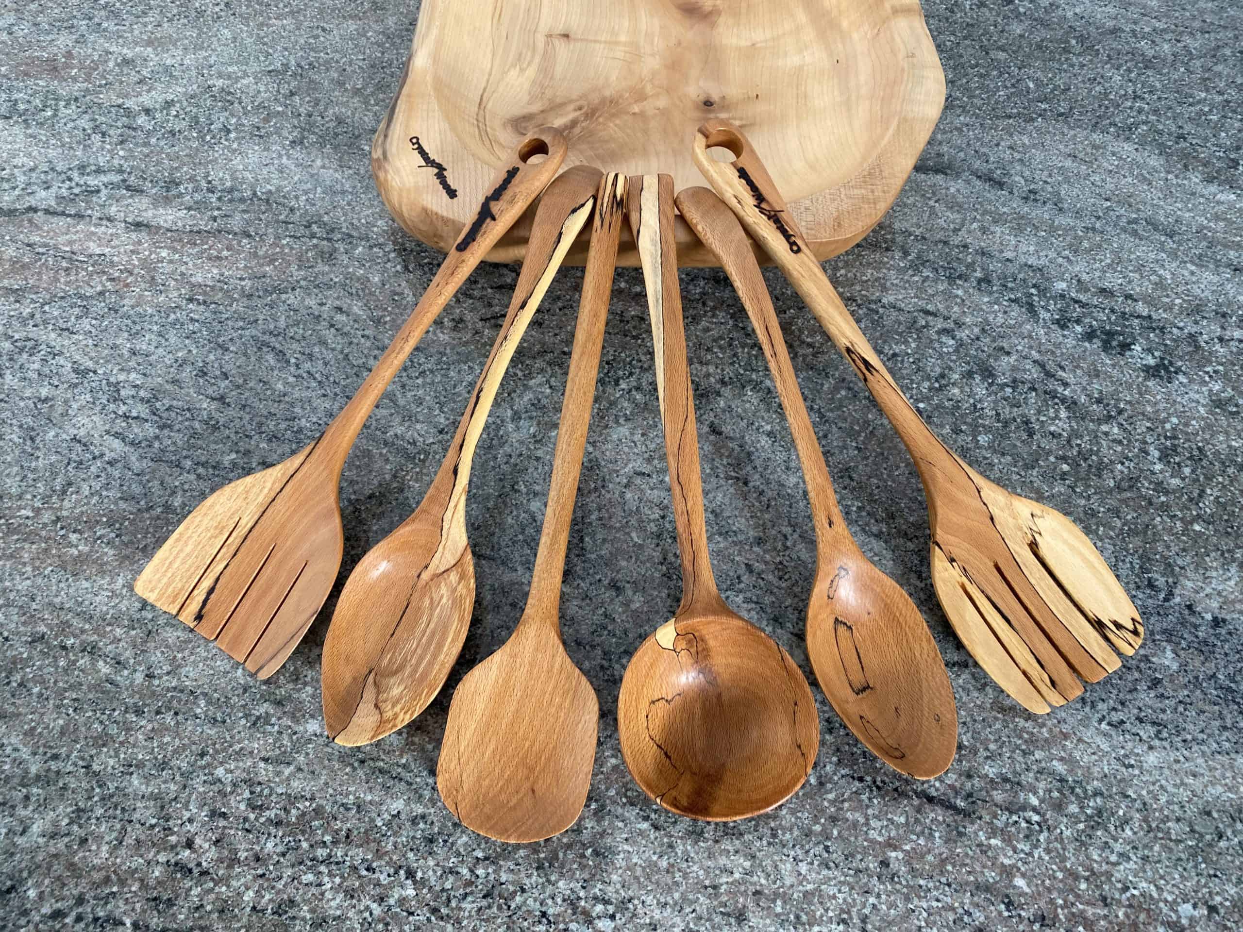 Handcrafted Spalted Beech Kitchen Utensil Set 3 beech serving spoons