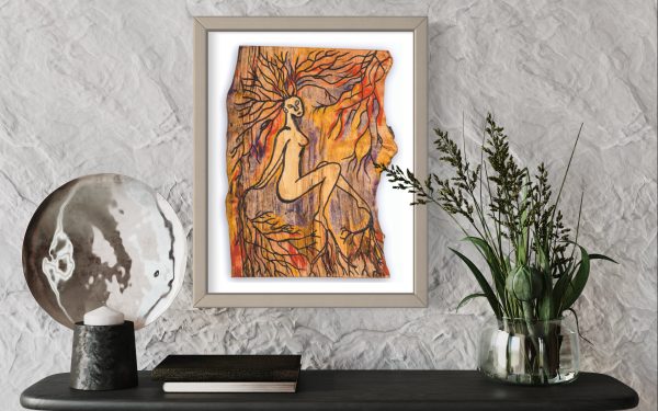 Close up front on view of this Fine Art Giclee print, limited edition, titled Rooted, illustrated in a silver grey frame with a white back on a textured white wall in a room setting, the picture shows a naked female connected to the roots of the forest by her hands, feet and hair