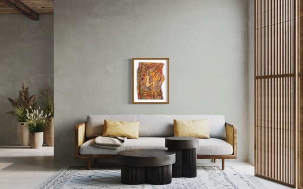 Fine Art Giclee print, limited edition, titled Rooted, illustrated in a medium brown colour frame with a white back on a pale grey wall in a modern continental room setting, the picture shows a naked female connected to the roots of the forest by her hands, feet and hair