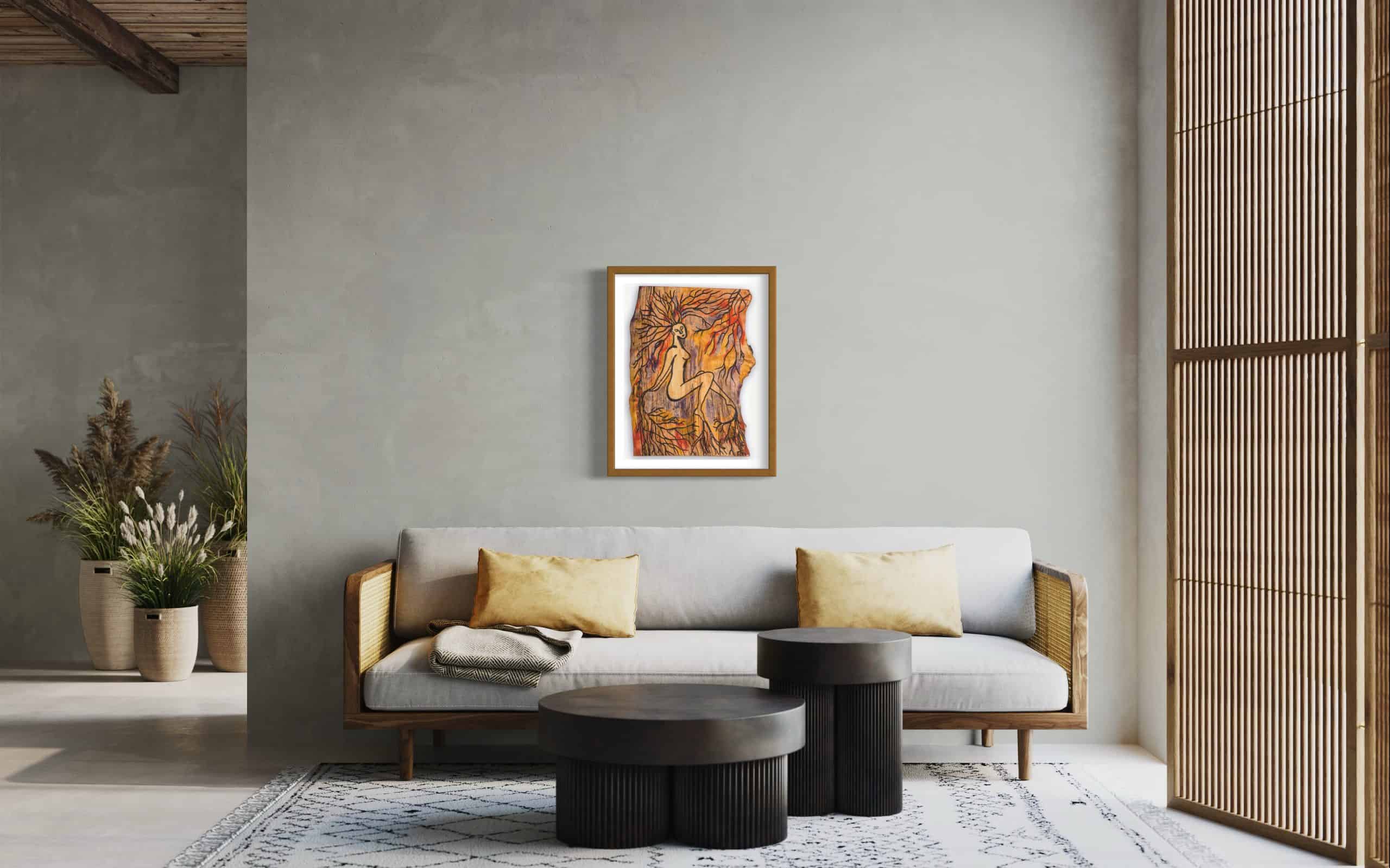 Limited Edition Fine Art Giclee Print - Rooted 8 Fine Art Giclee print, limited edition, titled Rooted, illustrated in a medium brown colour frame with a white back on a pale grey wall in a modern continental room setting, the picture shows a naked female connected to the roots of the forest by her hands, feet and hair