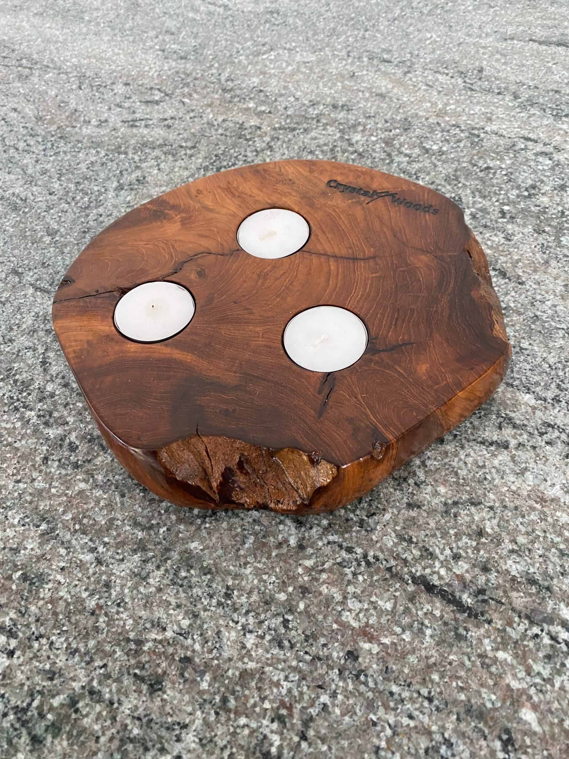 Three Tea Light Teak Candle Holder 4 Exotic Indonesian Teak Tea Light Holder with 3 small candles, finished in oil
