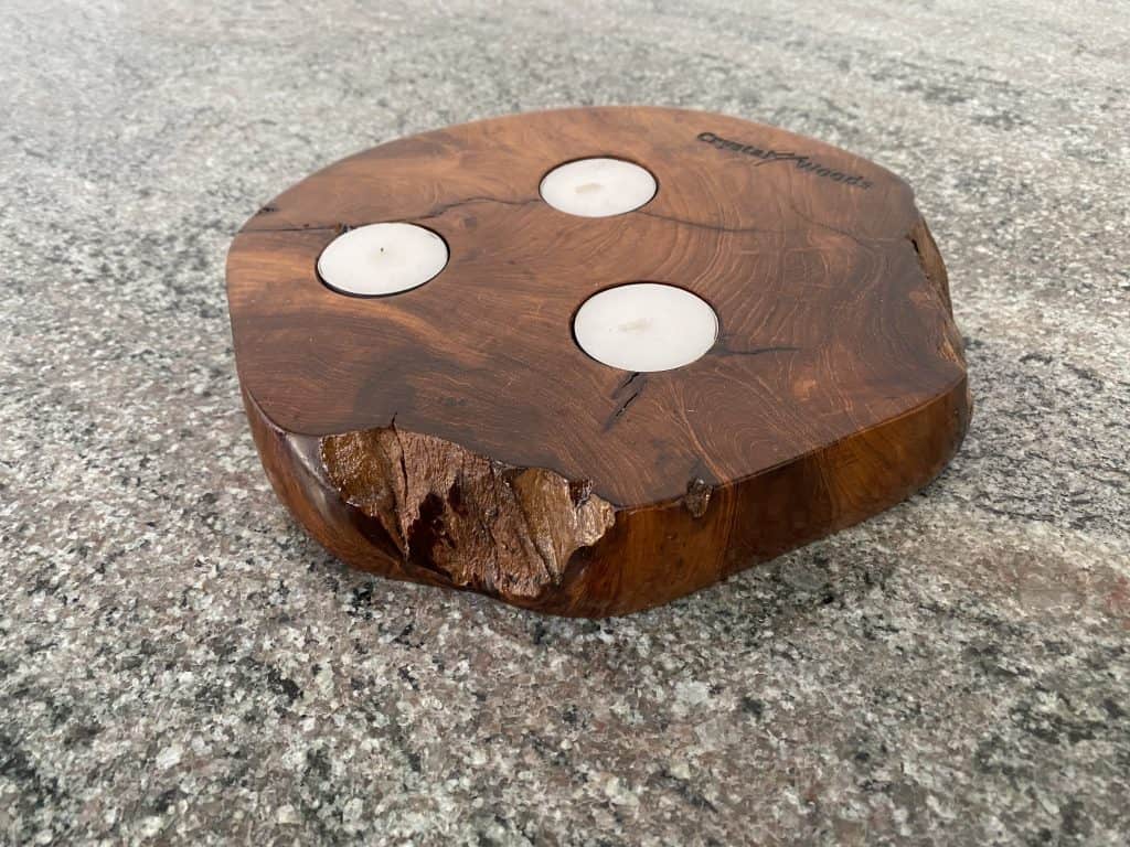 three tea light teak candle holder