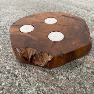 three tea light teak candle holder