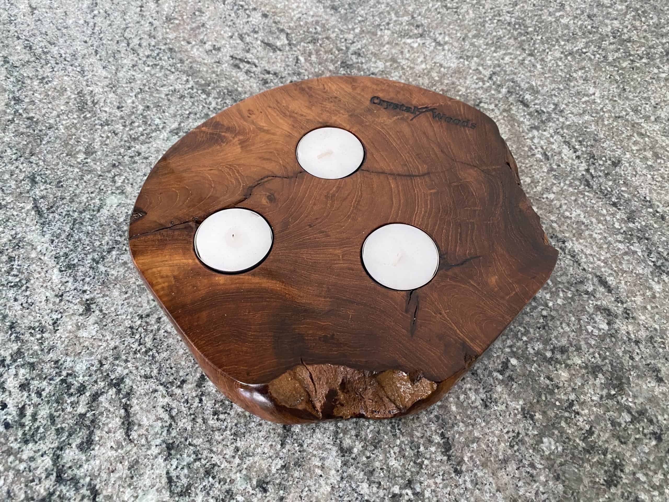 Three Tea Light Teak Candle Holder 2 Indonesian Teak Tea Light Holder with 3 tea lights, finished in Danish oil