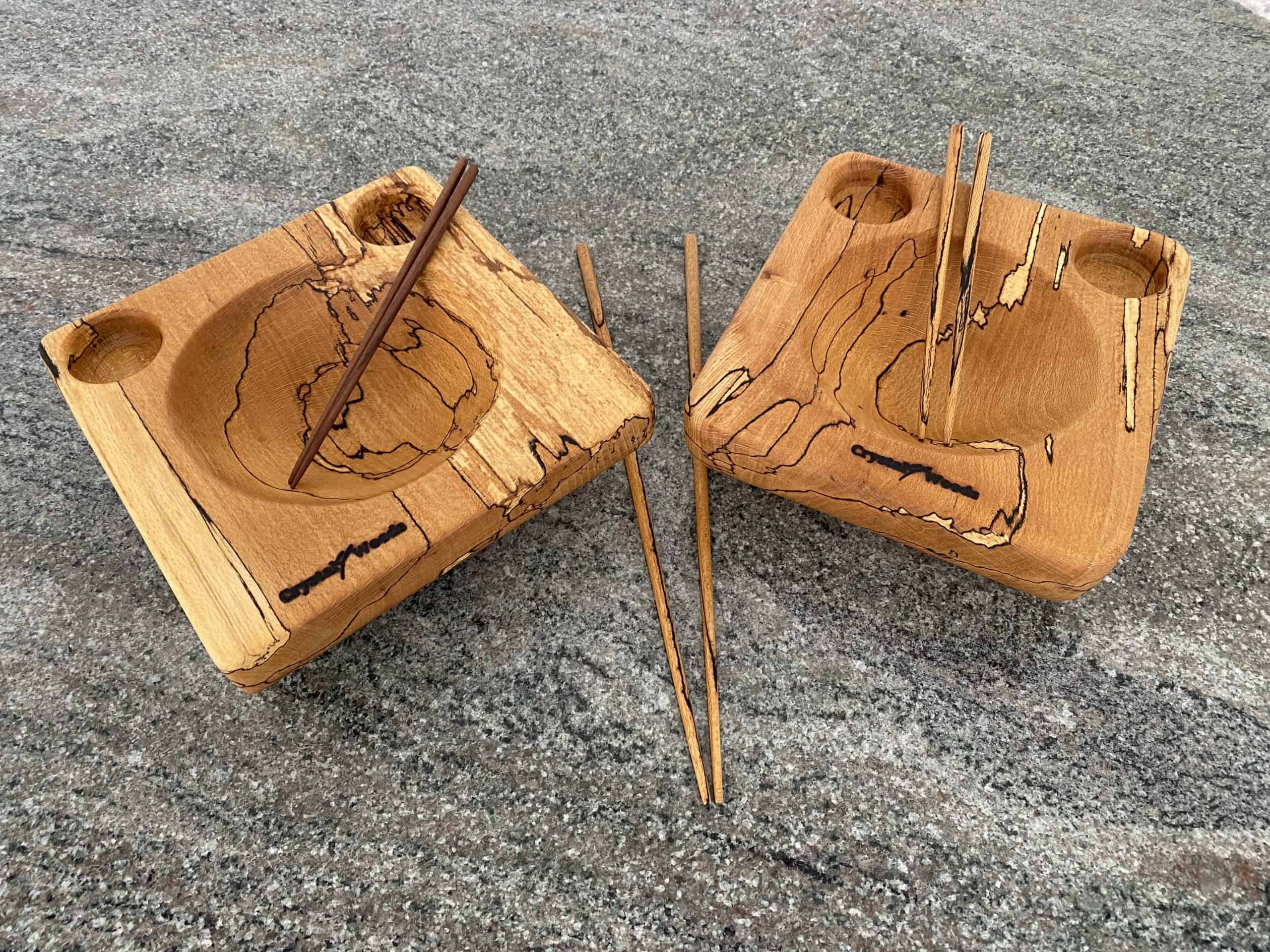 Handcrafted Spalted Beech Continental Food Bowls with Chopsticks 5 Over view shot of a pair of spalted Beech food bowls with 3 sets of chopsticks, both bowls also have 2 spherical dip holes, finished in food safe oil