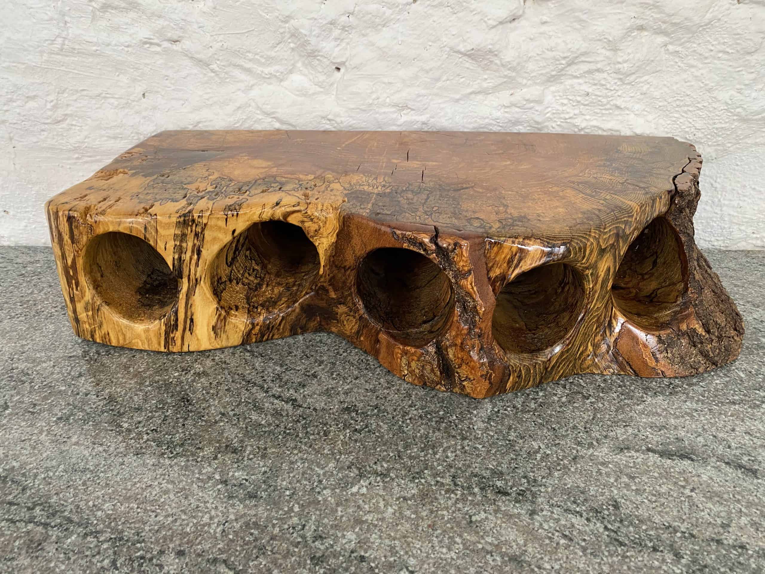 5 Bottle Spalted English Walnut Wine Rack 6 English Spalted Walnut wine rack holding 5 bottles, finished to a semi high gloss patina in multiple coats of Danish oil, from locally sourced wood in Devon, handcrafted by Llewie of Crystal Woods