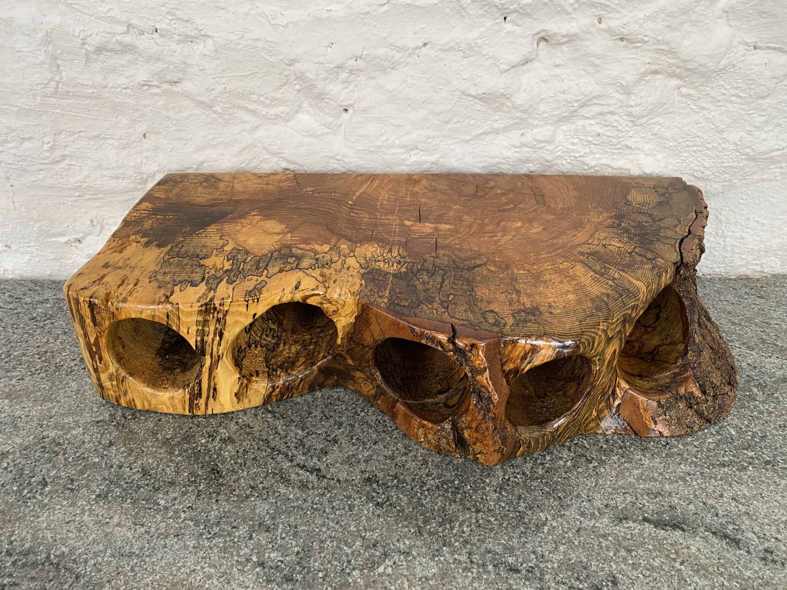 5 Bottle Spalted English Walnut Wine Rack 3 A rare piece of Spalted Walnut transformed into a 5 bottle wine rack, finished in multiple coats of Danish oil, hand made by Llewie of Crystal Woods