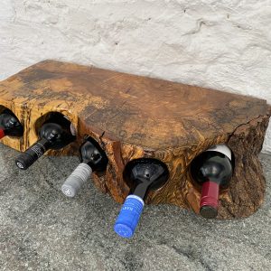 Rare and exquisite 5 Bottle Spalted English Walnut Wine Rack, displaying the bottles in the inserted holes