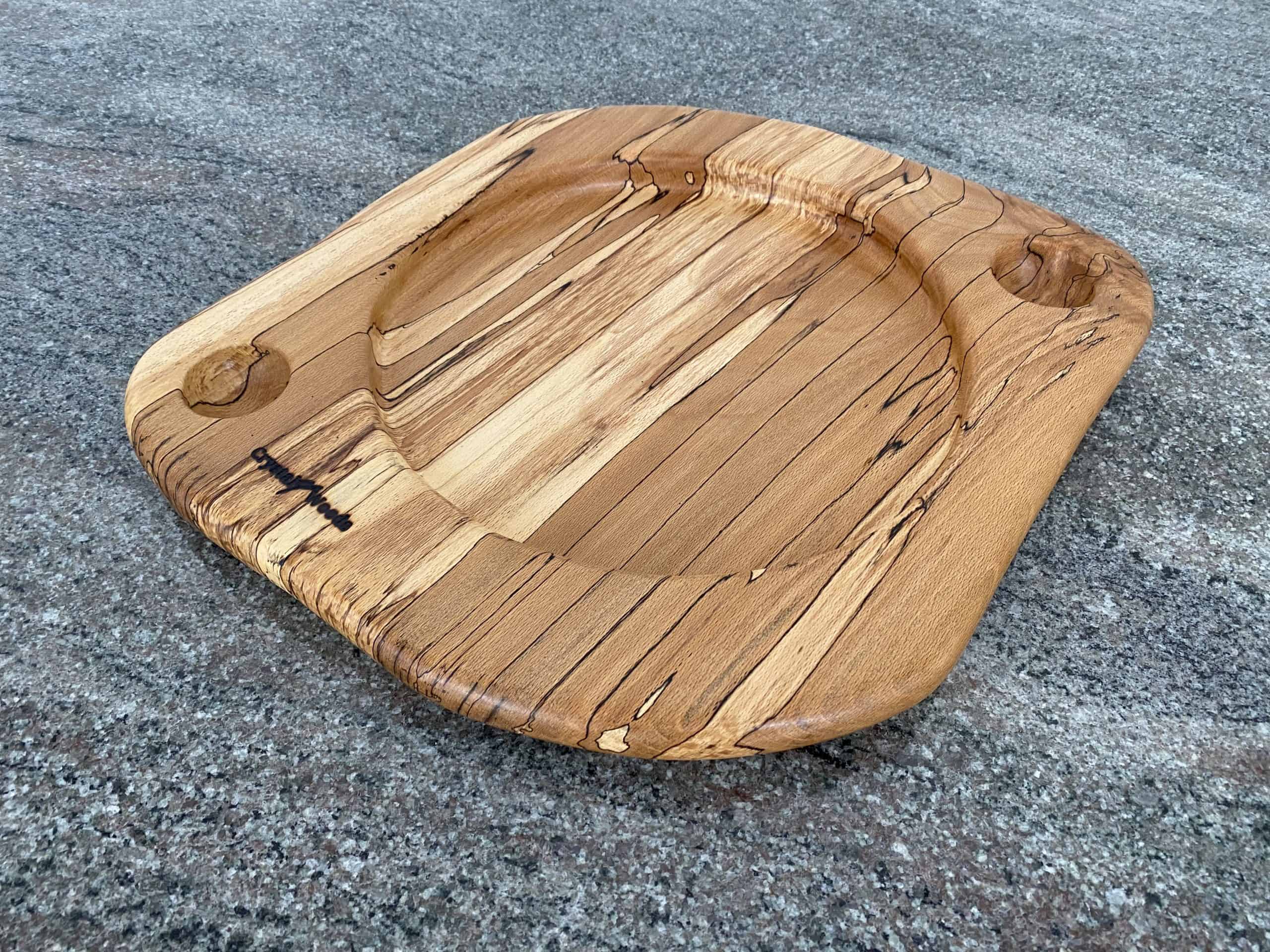 Spalted Beech Food Platter 6 Beautiful grain texture and colour on this English Spalted Beech food sharing platter with Two Spherical dip holes, finished in food safe oil