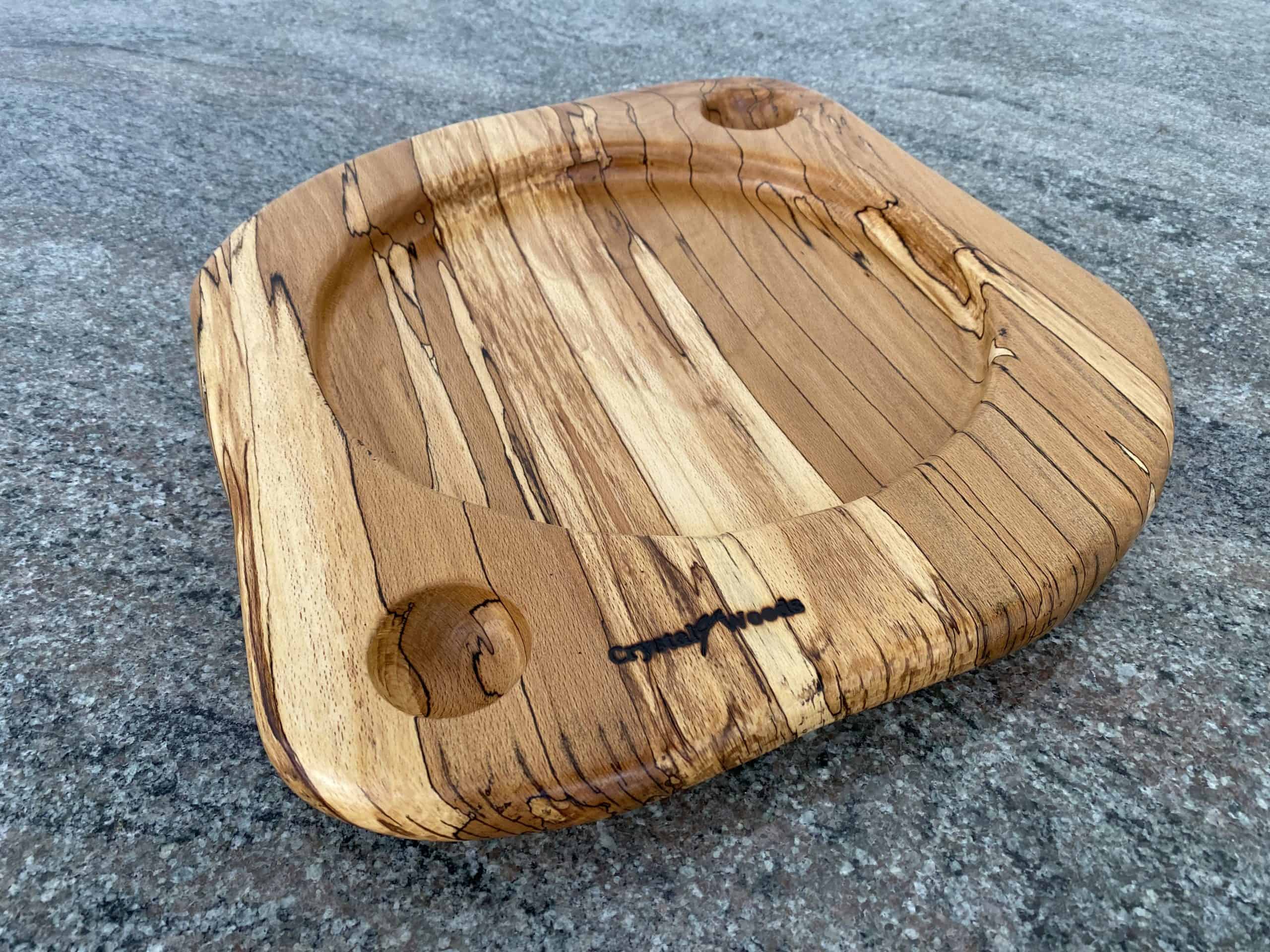 Spalted Beech Food Platter 3 Spalted Beech food sharing platter with Two spherical dip holes and finished in food safe oil, hand crafted by Crystal Woods