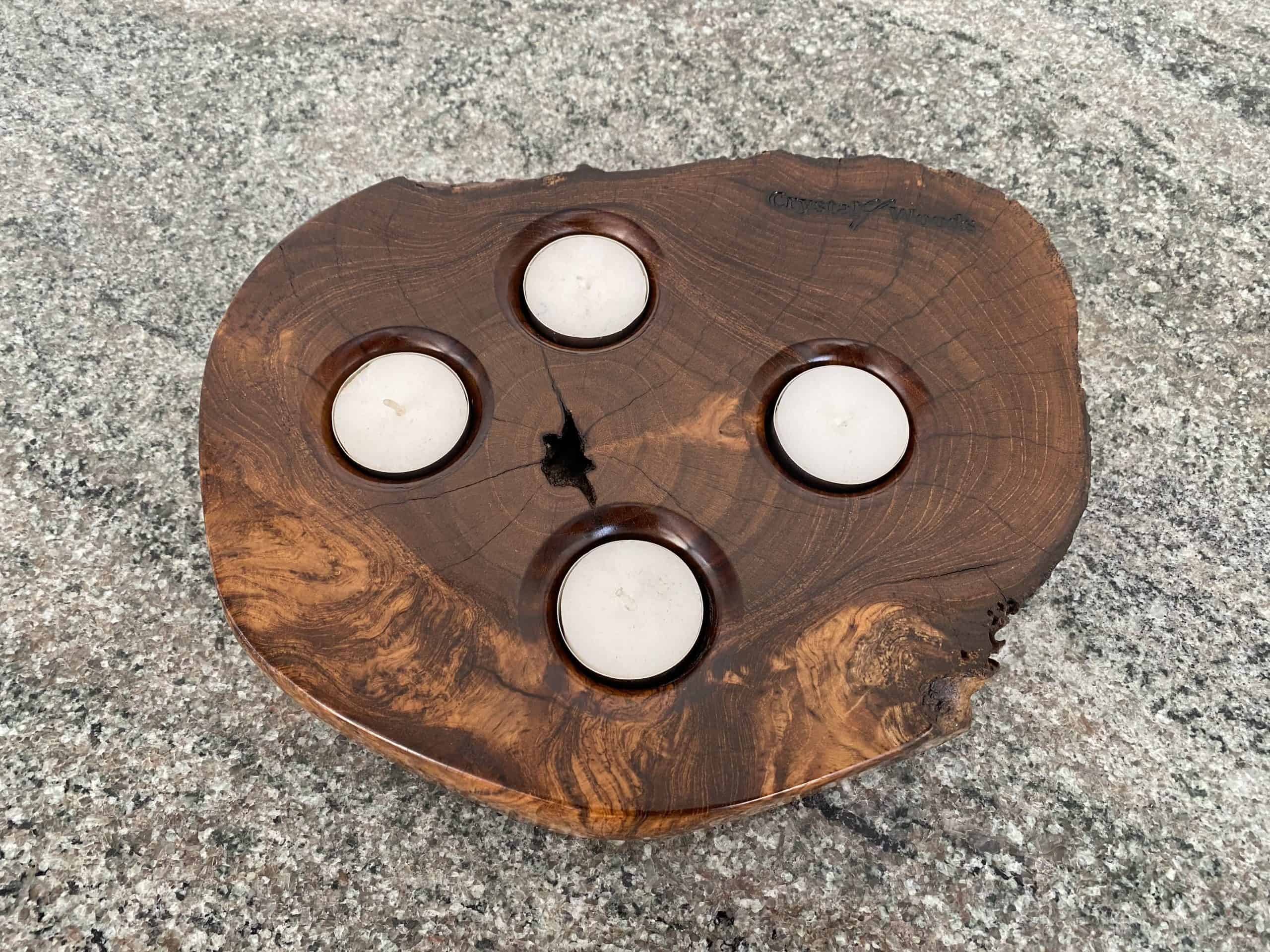 Indonesian Teak 4 Tea Light Holder 4 Indonesian Teak Candle holder displaying Four small Tea Lights, finished in multiple coats of oil