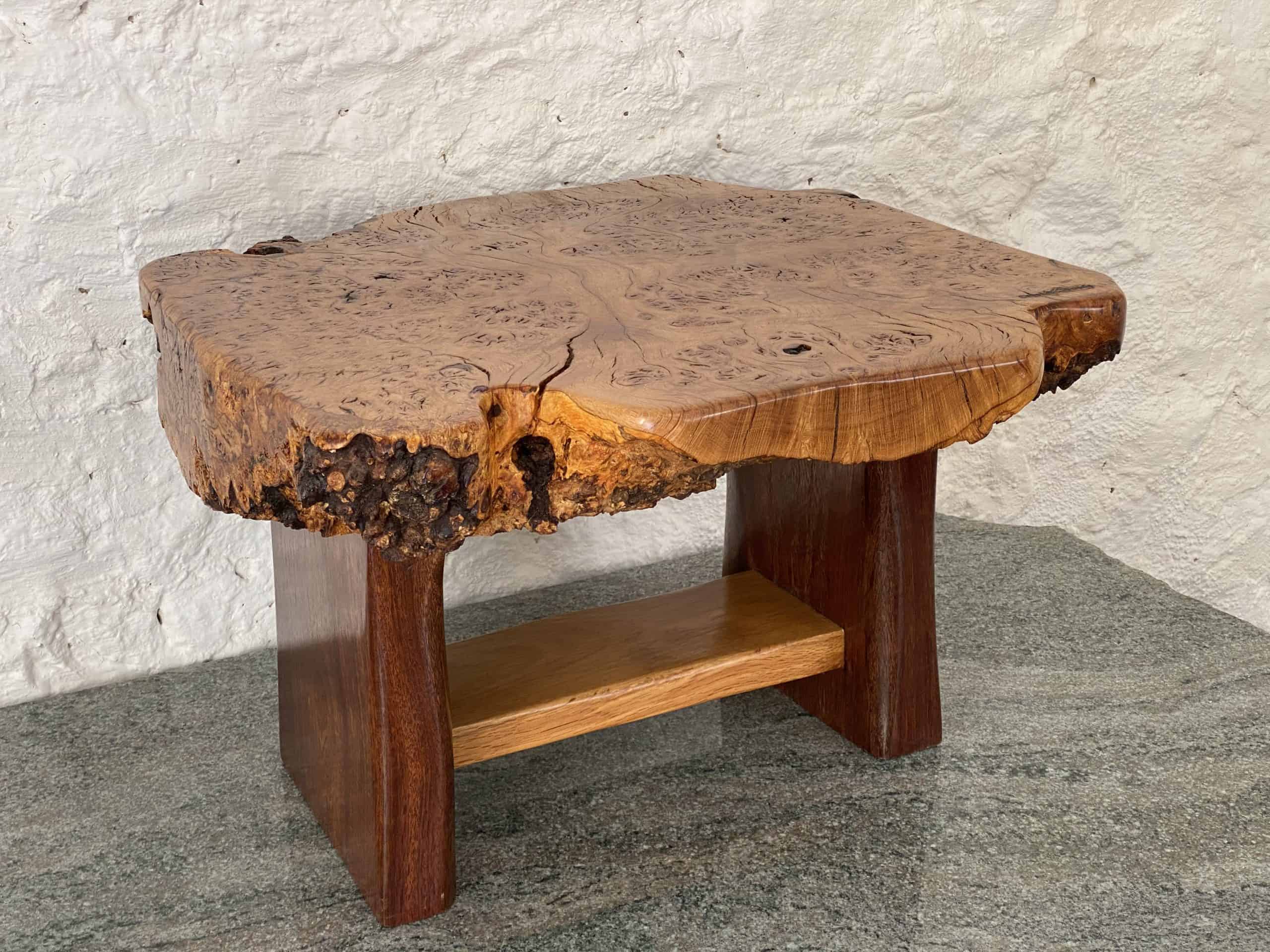 Chunky Live Edge Slab of Oak Burr Coffee Table 2 Burr Oak coffee table with Iroko legs finished to a high patina, handcrafted by Crystal Woods