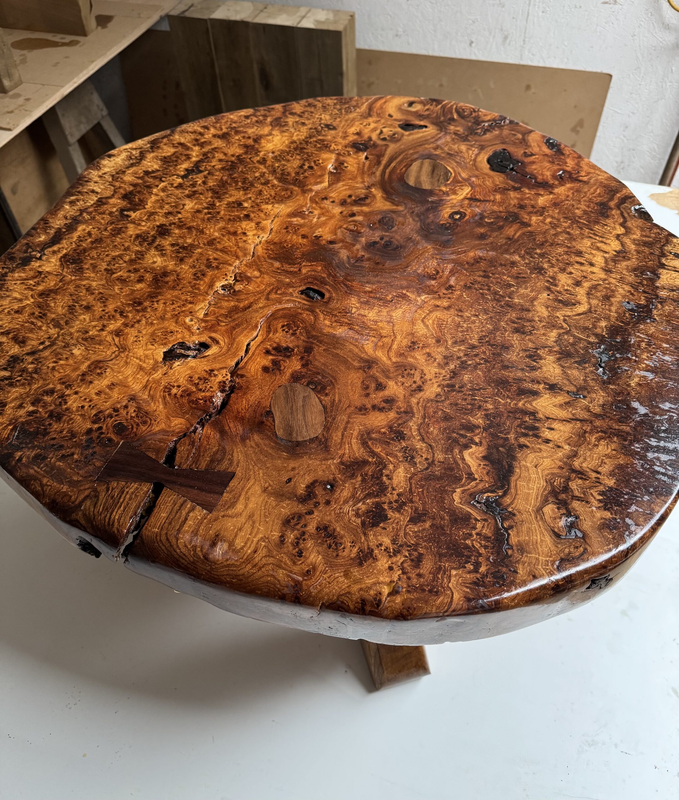 Burr Oak Coffee Table 3 English burr oak coffee table with walnut inlays