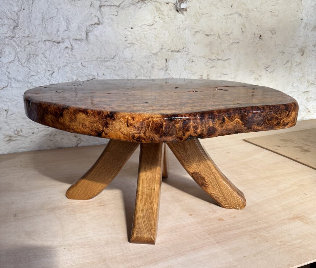 English burr oak coffee table with arched legs