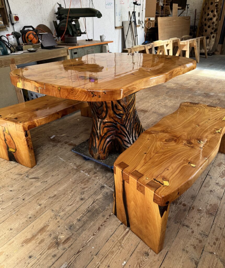 Bespoke set of live edge garden table and benches