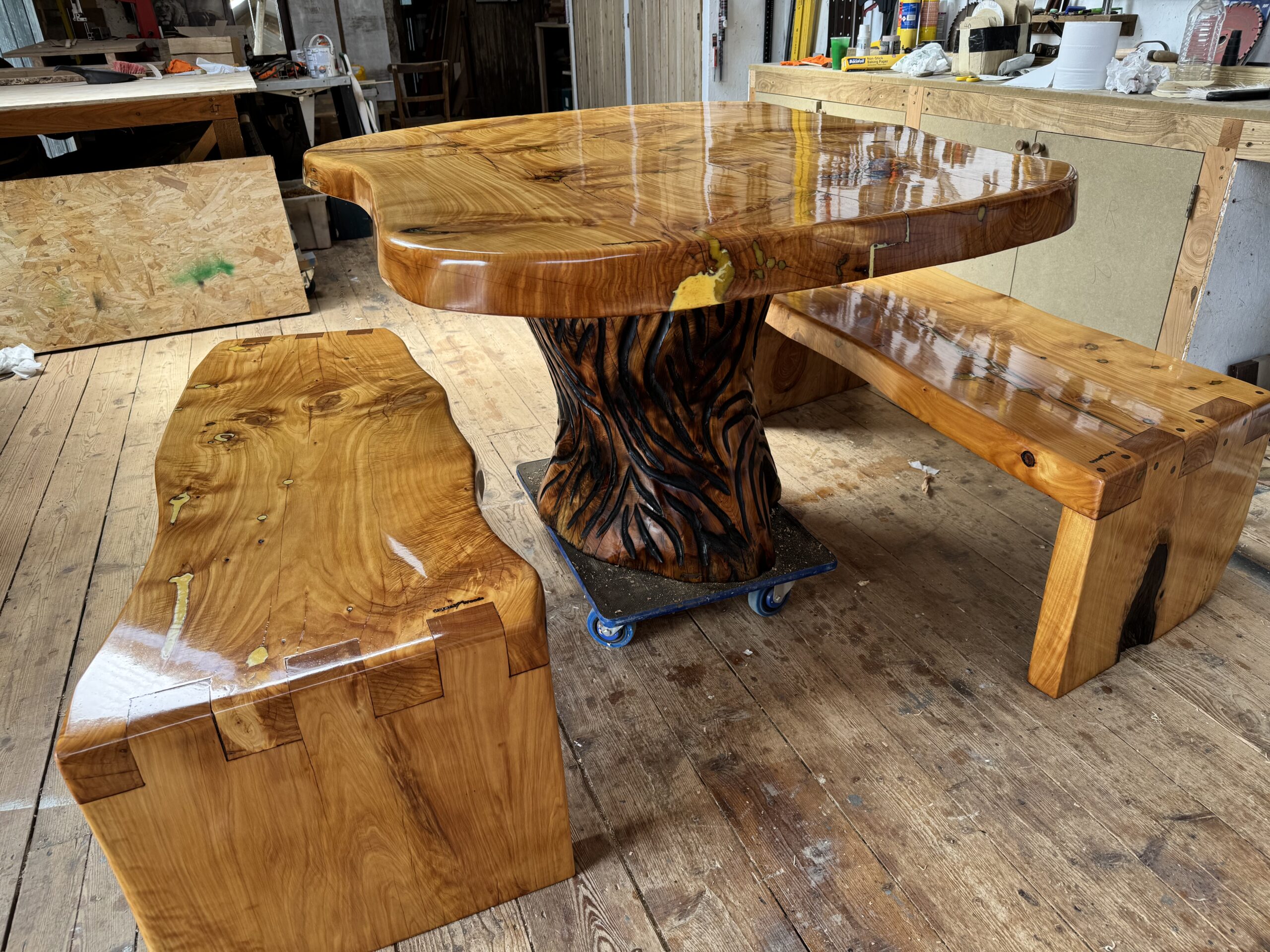 Bespoke Macrocarpa Table and Benches Set (Indoor/Outdoor) 3 bespoke set of garden table and benches