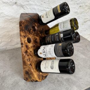 10 Bottle English Burr Oak Countertop Wine Holder Side view with bottles