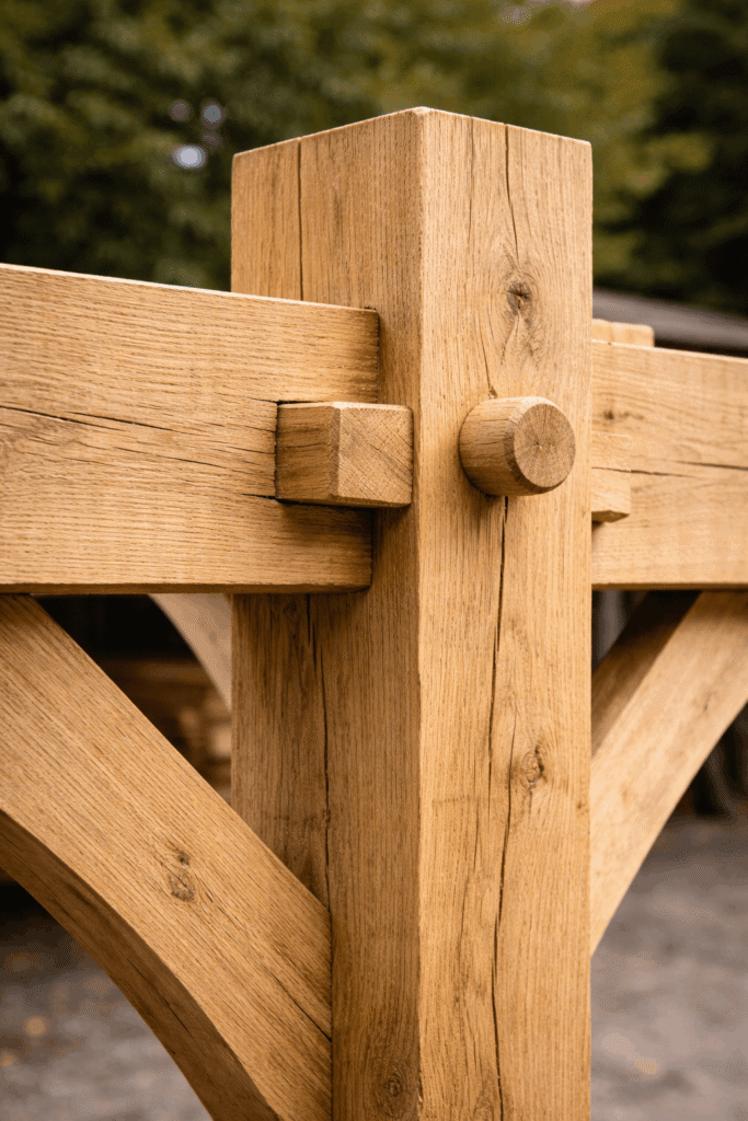 Oak Framed Kit Supplier 2 Close-up of traditional oak framing joint showing accurate joinery
