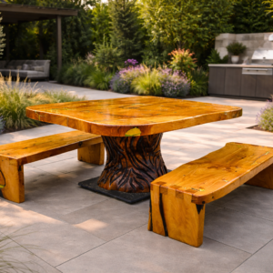 Table and benches shown in a garden terrace scene